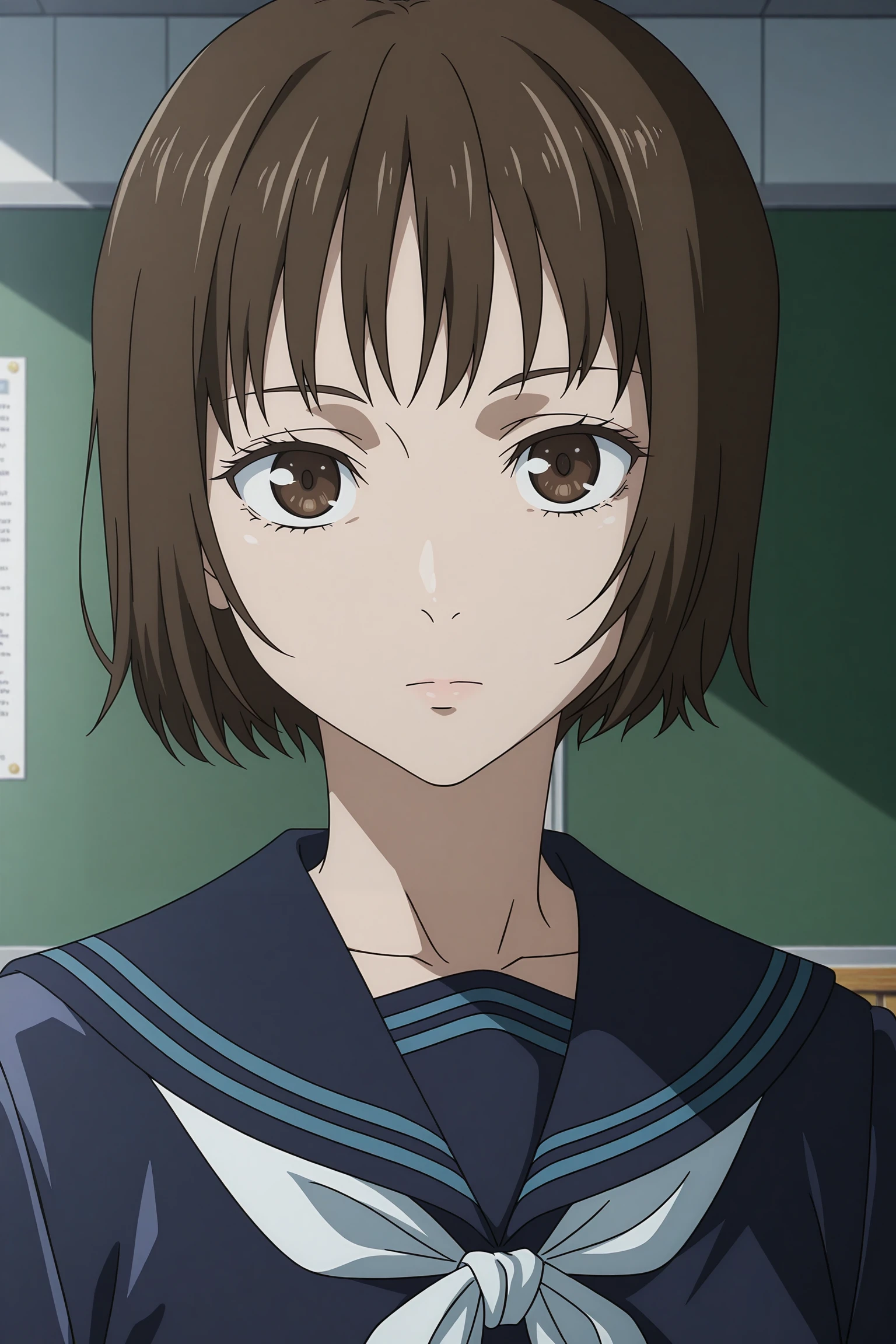 1girl, solo, indoors, classroom, day, hasaba mimiko, short hair, brown hair, choppy bangs, brown eyes, serafuku, long sleeves, blue shirt, blue sailor collar, white neckerchief, blue skirt, pleated skirt, medium skirt, grey socks, kneehighs, loafers, <lora:Mimiko_Hasaba_ILXL:1>, (portrait:1.2), expressionless, looking at viewer, (anime screencap:1.5), (anime coloring:1.5), from side