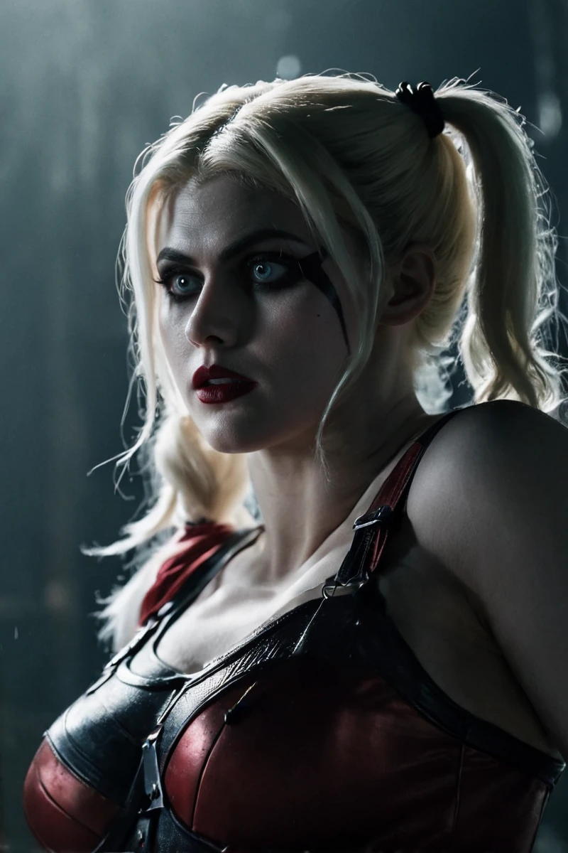 <lora:Alexandra_Daddario_SDXL_101:1> alexandradaddario101 cinematic photo as Harley Quinn , expression , finely detailed eyes, moody, , epic scene, epic composition, Photography, Cinematic Lighting, Volumetric Lighting, ethereal light, intricate details, extremely detailed volumetric rays 35mm photograph, film, bokeh, professional, 4k, highly detailed