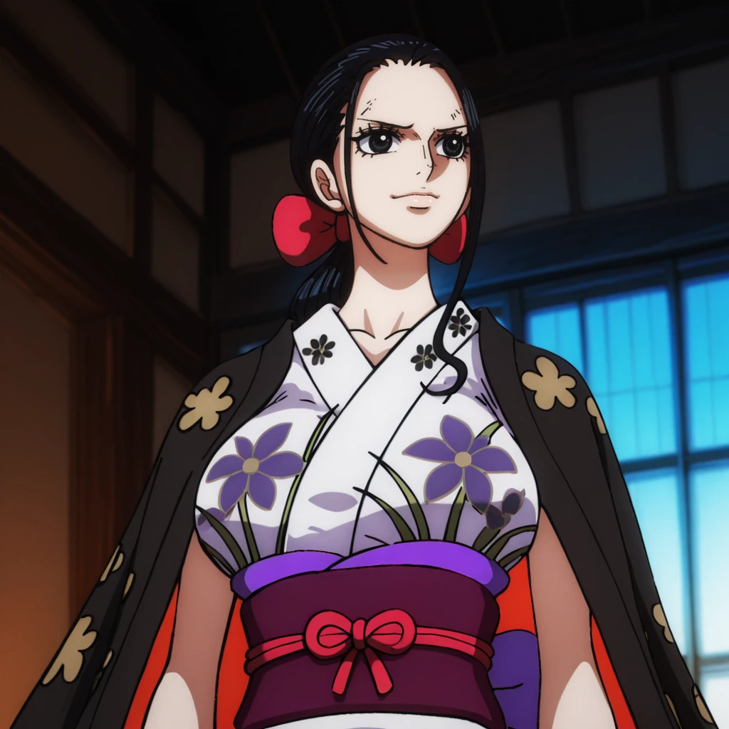 <lora:NicoRobin_illustrious_v1:1>NicoRobinCoat, 1girl, japanese clothes, black hair, kimono, large breasts black eyes, sash, obi, coat on shoulders, hair bow, breasts, floral print, jacket on shoulders