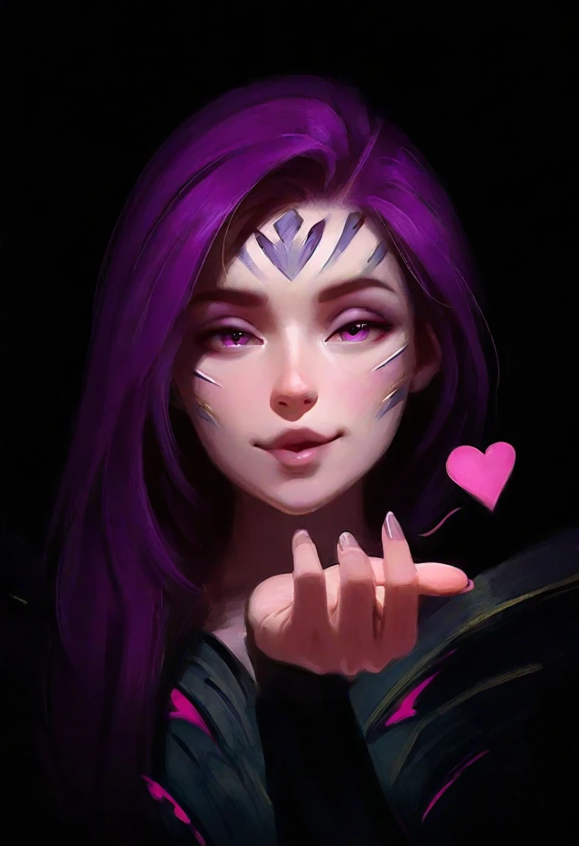 zeb1jy, masterpiece, semi-realism, best quality, solo, Kai'Sa \(lol\), purple hair, leaning close to viewer, blowing a kiss, smug, curled hand, black background, love hearts,