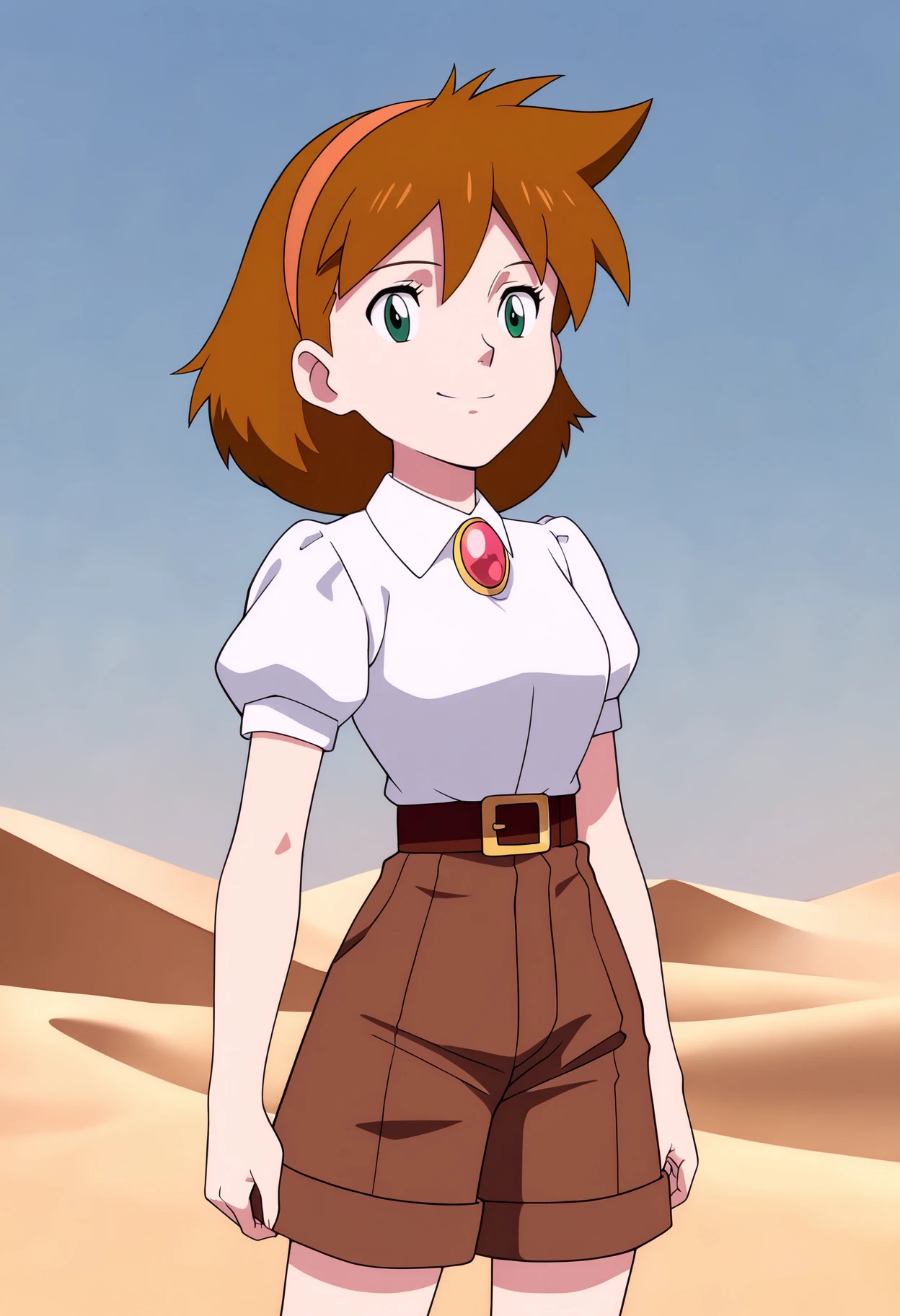 masterpiece, best quality, very aesthetic, absurdres,
1girl, janebuxton, brown hair, short hair, green eyes, hairband, 
brooch, white shirt, brown shorts, belt,
standing, solo, looking at viewer, smile,  sand, dune, blue sky, desert background,    <lora:JaneBuxtonNoobXL_byKonan:1>