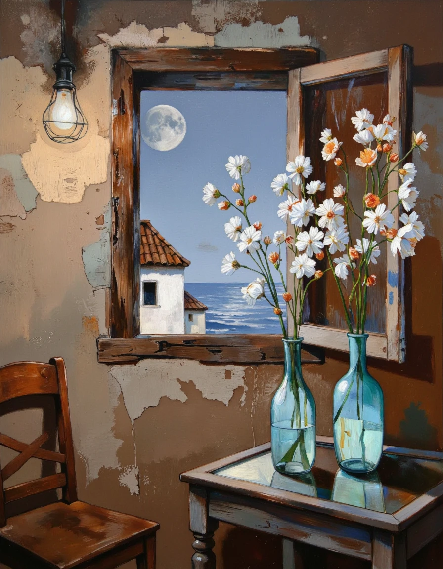 By Donna Young. A detailed, realistic digital painting depicting an interior scene with a serene, almost dreamlike quality. The setting is a rustic, possibly Mediterranean-style room with aged, weathered walls painted in muted earthy tones of brown and beige. The room features a simple wooden table with a glass top, positioned near the center. On the table are two clear, turquoise glass vases holding an arrangement of delicate, white flowers with a few orange blossoms interspersed, adding a pop of color. The left side of the image shows a wooden chair with a simple design, positioned next to the table. Above the table, a single, hanging light fixture with a black metal frame and a white, frosted bulb casts a warm, soft glow, illuminating the table and the flowers. The background reveals a large, open window, allowing a view of a tranquil seaside landscape. The window frame is rustic, with wooden slats and a glass pane that reflects the light from the room. Outside, the scene is dominated by a serene, calm ocean, with a full moon casting a soft, silvery glow. In the distance, a small, white building with a terracotta roof is visible, adding a sense of scale and depth to the painting. The overall atmosphere is tranquil