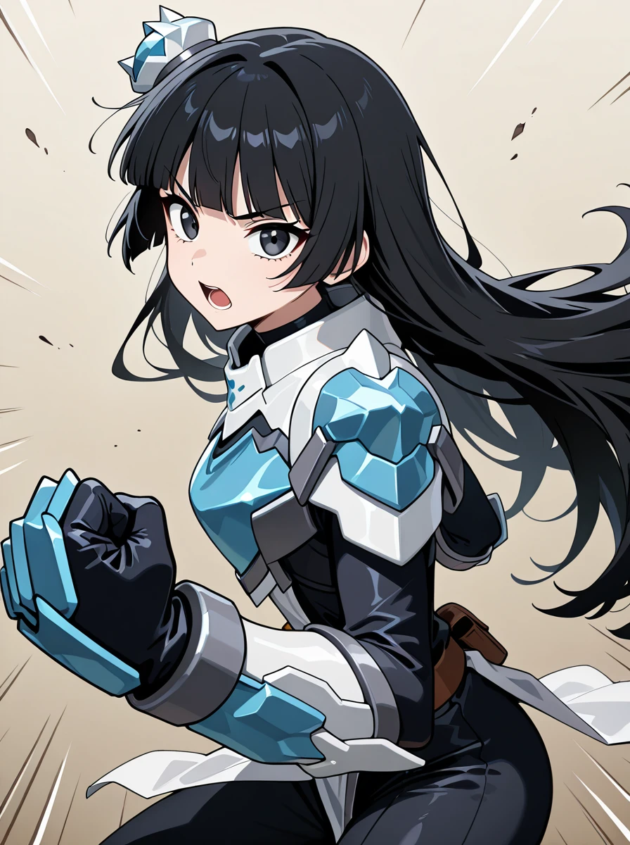 masterpiece, best quality, amazing quality, very aesthetic, absurdres, newest,(anime coloring), anime screenshot, white ,,, helmetless long_hair,
<lora:KamenRiderMajade:0.9>1girl, armor, mooncerberus , , , gloves, bodysuit, black_hair blunt bangs,, black eyes , looking at viewer, serious, looking at viewer, loincloth, simple background, black hair, fighting stance, happy clenched hands, open mouth, motion lines, punching from side,