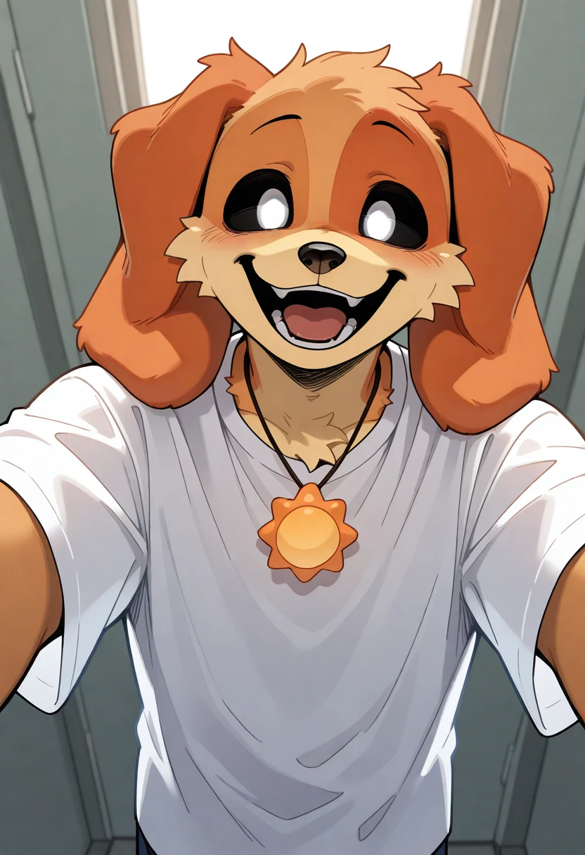 best quality, amazing quality, very aesthetic, absurdres, newest, 1boy, solo, dogday, poppy playtime, BREAK
furry, sun necklace, smile, male focus, furry male, black sclera, white eyes, animal ears, open mouth, shirt, looking at viewer, dog boy, white shirt, <lora:DogDay_Poppy_Playtime_Illustrious:1>
