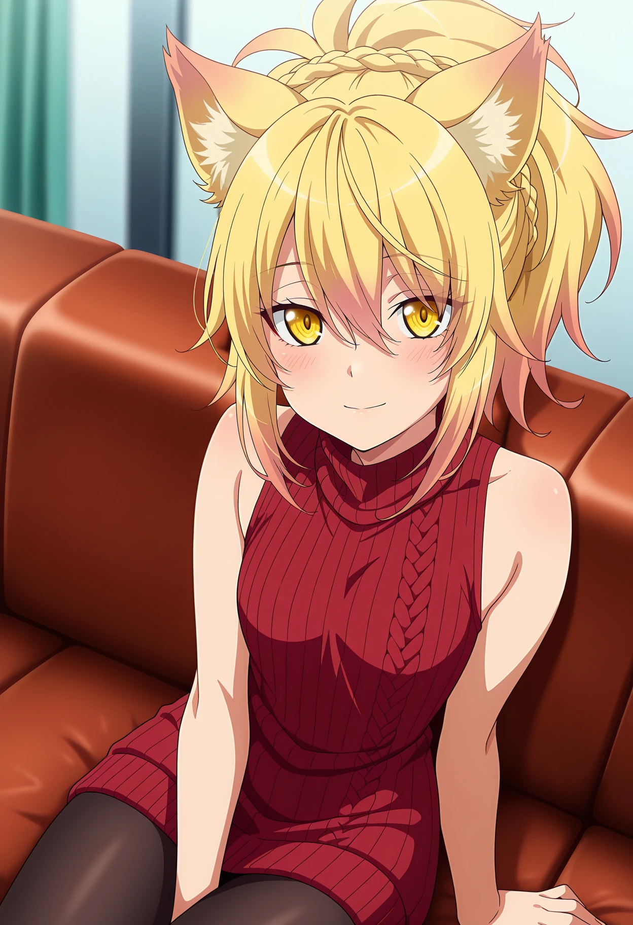 anime screencap, masterpiece, best quality,
<lora:HighSchoolDxDHERO_Kunou_IlluXL:0.9>,
1girl, solo, closed mouth, light smile, blush,
ponytail, multicolored hair, blonde hair, crown braid, hair between eyes, yellow eyes, fox ears,
turtleneck dress, sleeveless dress, ribbed sweater, sweater dress, red dress, black pantyhose,
sitting, looking at viewer, dutch angle,
blurry background, indoors, couch