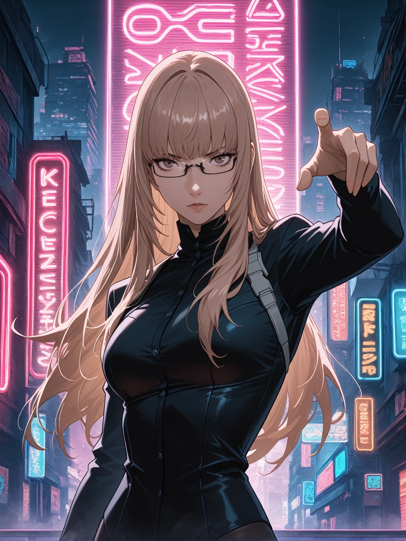 masterpiece, best quality, high resolution, very aesthetic, absurdres, newest, professional, high-quality, detailed eyes,
<lora:ILCKatherine:1.0>
CKatherine, 1girl, long hair, brown hair, brown eyes, glasses, looking at viewer, striking pose, futuristic cityscape, neon lights, cyberpunk style, dynamic composition