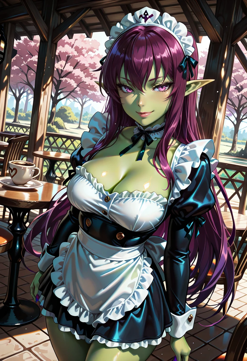 Smooth Quality - Illustrious, Masterpiece, source_anime, Akaname, pointy ears, green skin, purple hair, long hair, purple eyes, slit eyes, medium breasts, lips, purple nails, smile, maid outfit, short skirt, maid headpiece, choker, long sleeves, apron, buttons, black ribbons, cleavage, cafe, outside, trees, dynamic angle, vivid colors, shiny and glossy, anime style, high-res, beautiful aesthetic, very intricate, high-quality details, vibrant, highly detailed, professional, <lora:MGE_V5.2_IL:0.9>,