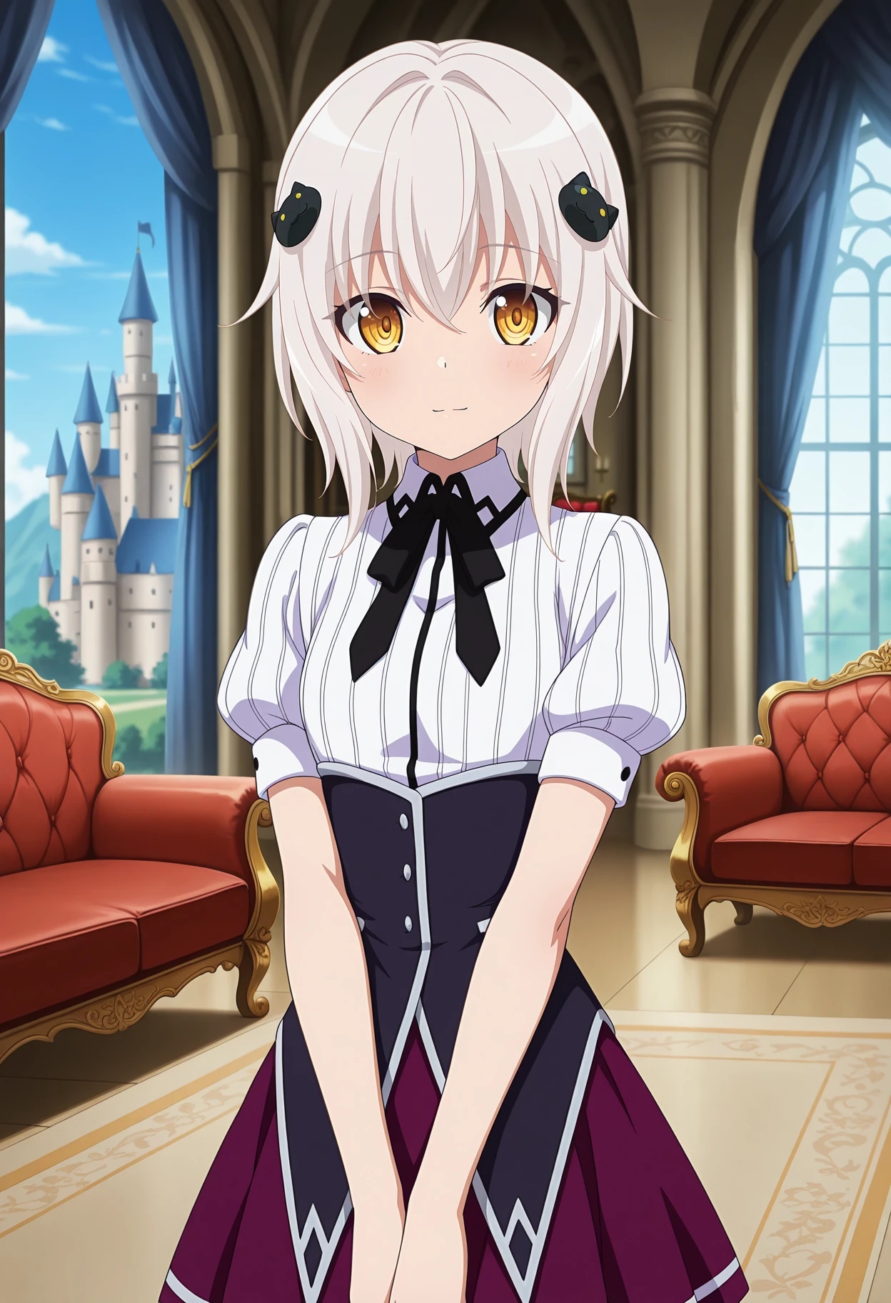 anime screencap, masterpiece, best quality,
<lora:HighSchoolDxDHERO_ToujouKoneko_IlluXL:0.9>,
1girl, solo, light smile, light blush,
white hair, yellow eyes, short hair, cat hair ornament,
KonekoSchool, striped shirt, white shirt, puffy short sleeves, black ribbon, black corset, purple skirt,
v arms, standing, looking at viewer,
blurry background, indoors, castle, couch, window