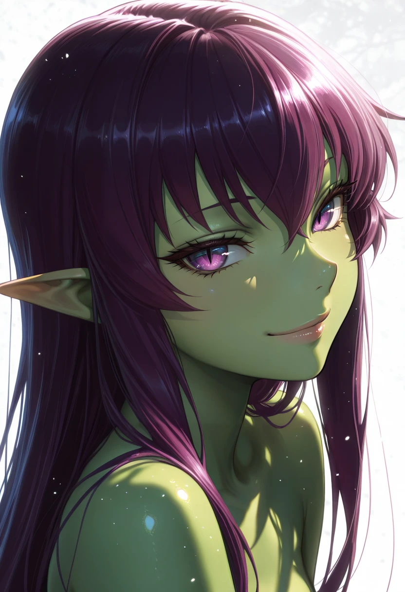 Smooth Quality - Illustrious, Masterpiece, source_anime, face close up, Akaname, pointy ears, green skin, purple hair, long hair, purple eyes, slit eyes, lips, smile, naked, white background, dynamic angle, front lighting, vivid colors, shiny and glossy, anime style, high-res, beautiful aesthetic, very intricate, high-quality details, vibrant, highly detailed, professional, <lora:MGE_V5.2_IL:0.9>,