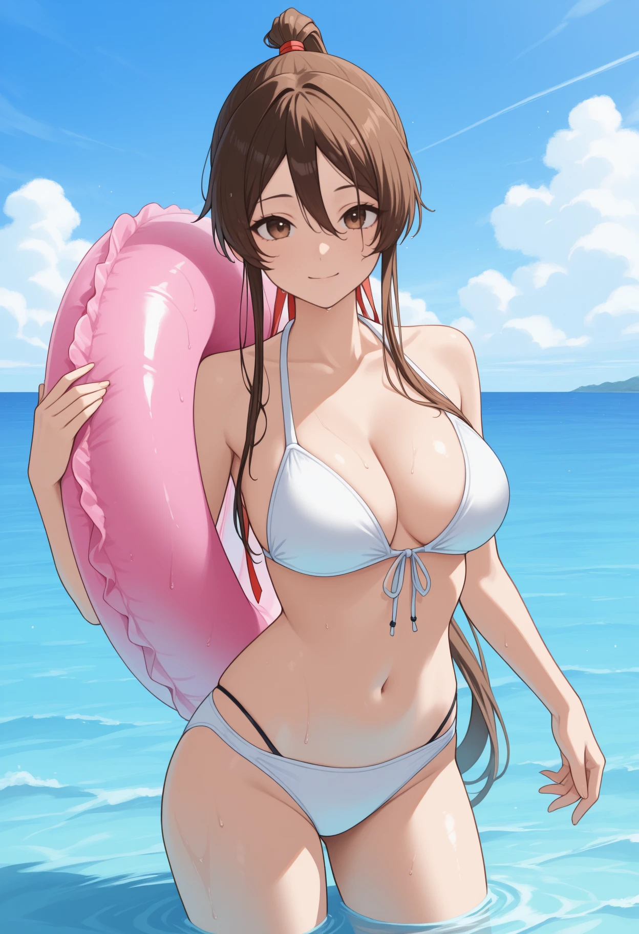 masterpiece, best quality, newest, cowboy shot, solo, 1girl, sag1ri, wet, slight smile, looking at viewer, wading, holding swim ring, innertube, long hair, brown hair, hair between eyes, sidelocks, high ponytail, hair ribbon, red ribbon, brown eyes, white bikini, front-tie bikini top, outdoors, blue sky, cloud, ocean, water
<segment:yolo-Anzhc Face seg 640 v2 y8n.pt,0.4,0.5//cid=1>