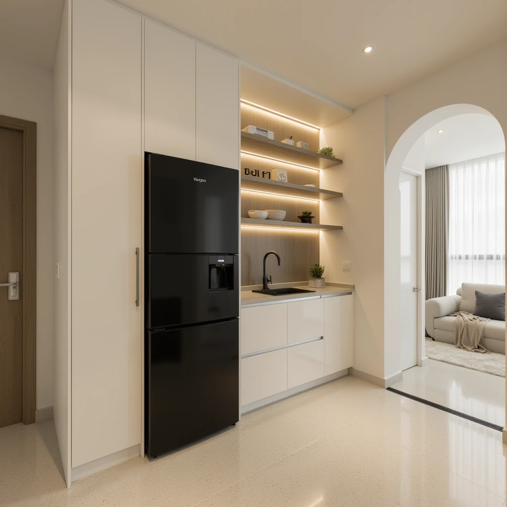 A photo of a modern kitchen area with a sleek design. On the left,there is a tall,white storage cabinet next to a black refrigerator. The refrigerator features a smooth finish and a built-in microwave at its midsection. Above the countertop,there are open shelves with soft lighting illuminating a few decorative items. The floor is light-colored with a speckled pattern. In the background,there's a doorway leading to another room that can be seen,along with a hint of furniture and curtains,suggesting a cozy atmosphere. The walls are painted in a neutral tone,complementing the overall clean and contemporary look of the space.,