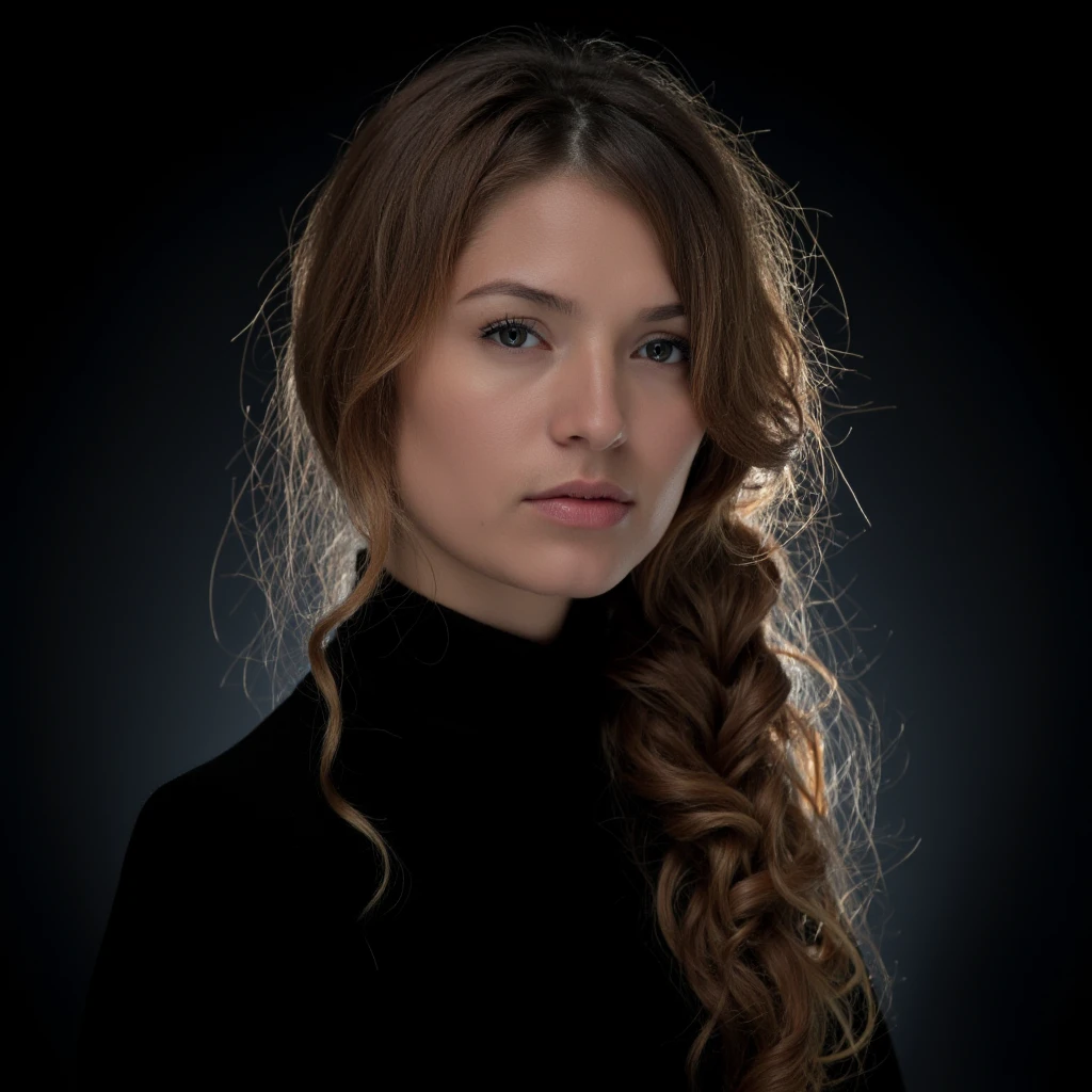 cinematic film still of <lora:hair light backlight style v1:0.9>
hair light style, cinematic back light style, light from behind of a woman with long hair and a black shirt, detailed background, perfect image, perfect body, perfect anatomy, sharp image, detailed image, contrast, Kodak film, high quality photography, cinematic photography style, back light, light from behind style, rim light style, solo, long hair, looking at viewer, blue eyes, simple background, blonde hair, brown hair, closed mouth, upper body, braid, sweater, black background, curly hair, nose, photorealistic, grey background, lips, messy hair, freckles, black sweater, parted lips, turtleneck, backlighting, dark, dark background, shallow depth of field, vignette, highly detailed, high budget, bokeh, cinemascope, moody, epic, gorgeous, film grain, grainy