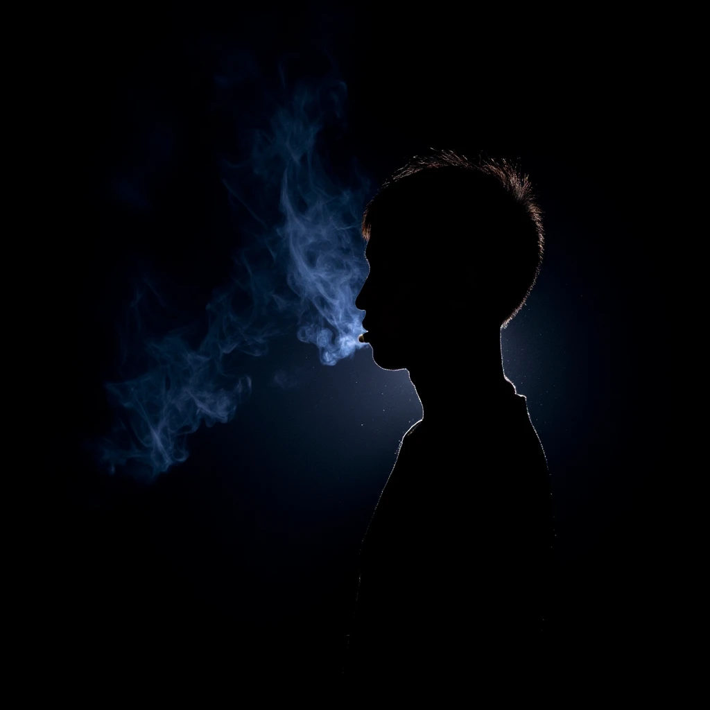 cinematic film still of <lora:hair light backlight style v1:0.9>
hair light style, side view, cinematic back light style, light from behind of a person smoking a cigarette in the dark, detailed background, perfect image, perfect body, perfect anatomy, sharp image, detailed image, contrast, Kodak film, high quality photography, cinematic photography style, back light, light from behind style, rim light style, solo, black background, smoke, cigarette, smoking, silhouette, dark, short hair, profile, night, fire, blue fire, upper body, from side, portrait, blue theme, burning, kageyama shigeo, partially covered in shadows, simple background, glowing, shallow depth of field, vignette, highly detailed, high budget, bokeh, cinemascope, moody, epic, gorgeous, film grain, grainy