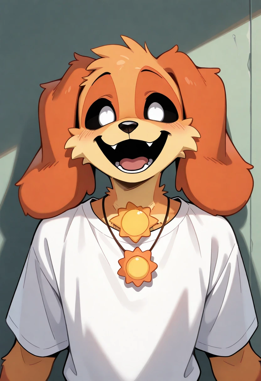 best quality, amazing quality, very aesthetic, absurdres, newest, 1boy, solo, dogday, poppy playtime, BREAK
furry, sun necklace, smile, male focus, furry male, black sclera, white eyes, animal ears, open mouth, shirt, looking at viewer, dog boy, white shirt, <lora:DogDay_Poppy_Playtime_Illustrious:1>