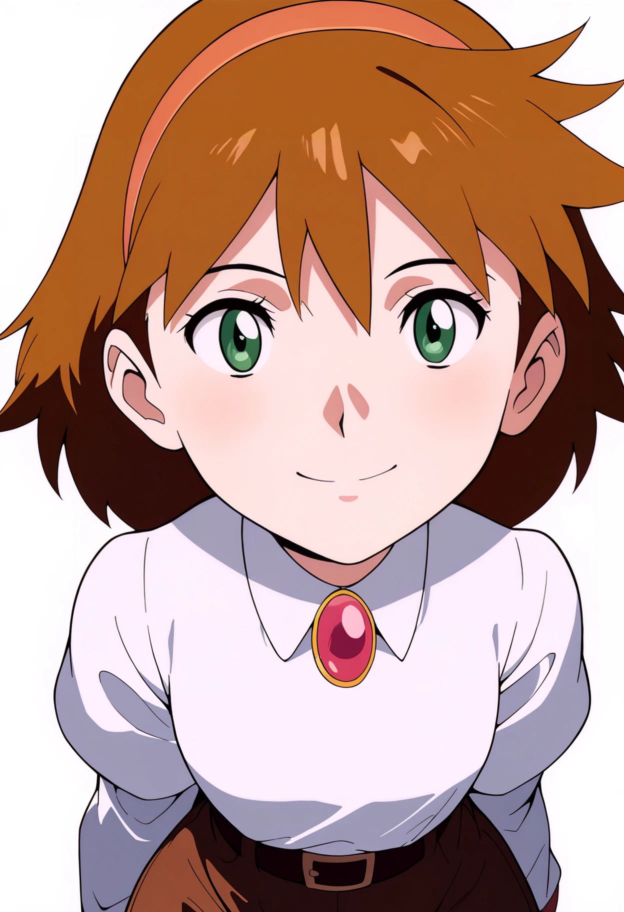 masterpiece, best quality, very aesthetic, absurdres,
1girl, janebuxton, brown hair, short hair, green eyes, hairband,
brooch, white shirt, brown shorts, belt,
upper body,
looking at viewer, solo, smile, simple background, white background, <lora:JaneBuxtonNoobXL_byKonan:1>