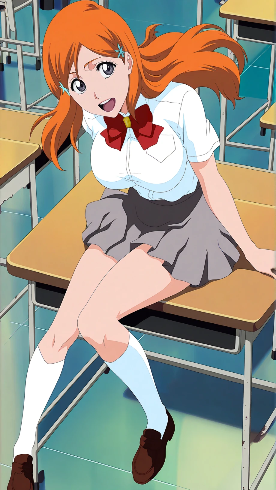 Anjou Naruko、Orange Hair、Twin tails、Brown eyes、hair ornaments、Star ornament、Barrette、skirt、A bow tie、uniform、Rolled up sleeves、赤いA bow tie、shirt、白いshirt、襟付きshirt、赤いskirt、Reverse Cowgirl Anal、One girl, penis, Heterosexual, chest, One boy, chest_outside, Nipples, Not a whole column_chest, On top of moti_line, On top of moti_Blurry, big_chest, blush,  Sexy expression、orgasm‗face、Sitting on the bed、In the bedroom、 Big penis,  Deep Skin,Anime Style、Earrings、耳に複数のEarrings、(NipplesEarrings)、anal_creampie、loose socks、