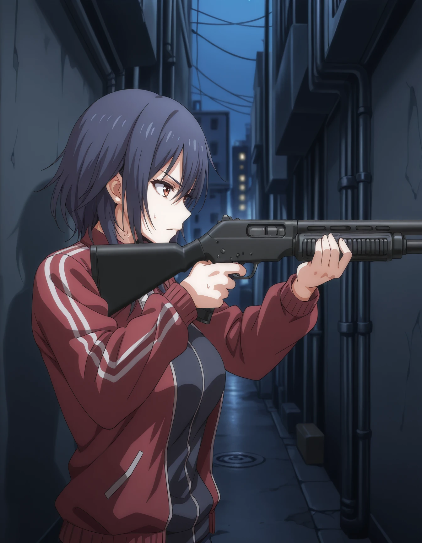<lora:ikoma-yui-v2-illustrious-000020:0.9> ik0m4yu1, red jacket,
1girl, solo, shotgun, aiming, serious, sweat, alley, night, from side, masterpiece, best quality