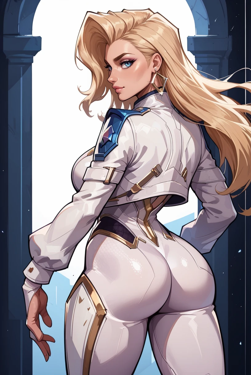 score_9, score_8_up, score_7_up, score_6_up, score_5_up, score_4_up, source_Western_Comics, BREAK, (Masterpiece, 8k, Highly Detailed, Cowboy Shot), BREAK, (Large Breasts, Wide Hips, Big Ass), BREAK, (Sexy Pose, Action Pose, Dynamic Pose), BREAK, (1girl), <lora:Marvel_Rivals_-_Dagger:0.7> long hair, blonde hair, jewelry, earrings, blue eyes, white bodysuit, jacket, rear view, back towards viewer,