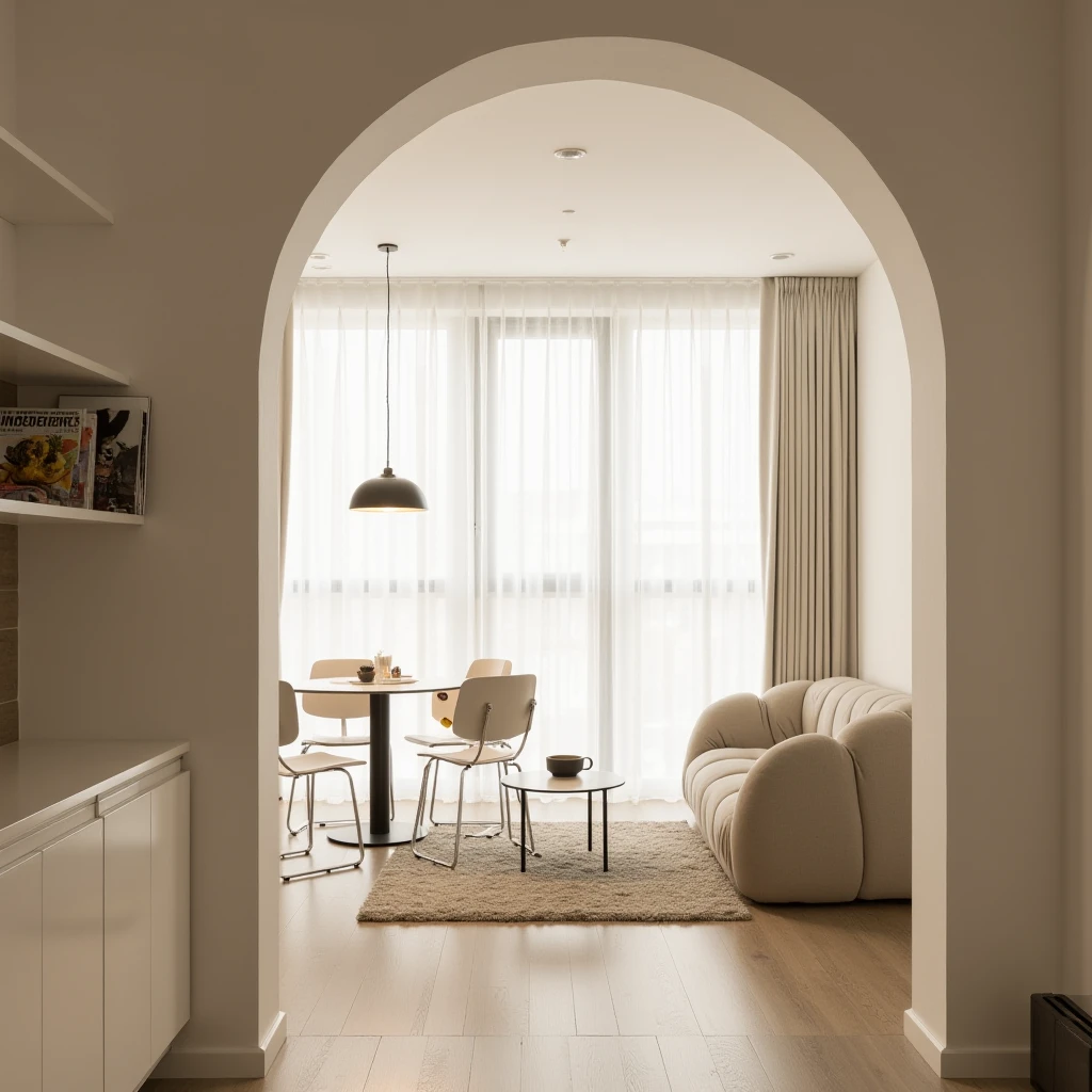 A photo of an interior space featuring an arched doorway leading into a living area. On the left wall, there is a shelf holding several magazines. The living area has a round white table with a few chairs around it. A light fixture hangs above the table. To the right, there is a curved, plush sofa in a neutral color, and a textured rug is placed on the floor. Natural light streams through sheer curtains, creating a warm ambiance. The walls are kept in light colors, enhancing the airy feel of the room.