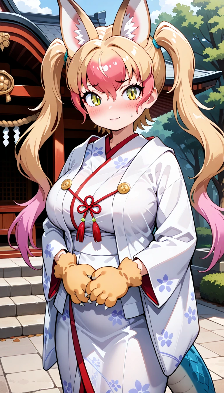 1girl, solo, <lora:nue_kf_ilxl_v1:1>, nue \(kemono friends\), animal ears, animal ear fluff, animal costume, cat ear, multicolored hair, two-tone hair, light brown hair, pink hair, twintails, long hair, hair between eyes, yellow eyes, slit pupils, lizard tail, scales, gloves, print gloves, paw gloves, white gloves, large breasts, mature female, standing, blush, light smile, embarrassed, looking at viewer, hands on own stomach, uchikake, japanese clothes, white kimono, wedding, shrine, outdoors, masterpiece, best quality, very aesthetic, absurdres,