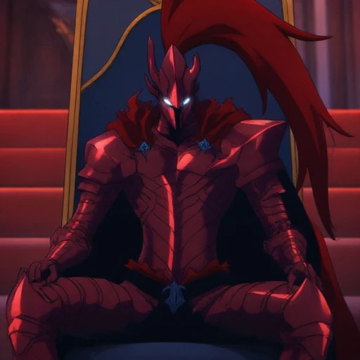 !gris. A crimson-armored knight sits on an ornate throne, his glowing white eyes piercing the darkness. His horned helmet and flowing red plume add to his ominous presence. A black cape drapes over one side, !gris. A crimson-armored knight descends a grand staircase, adding to his ominous aura. His rigid stance exudes absolute dominance