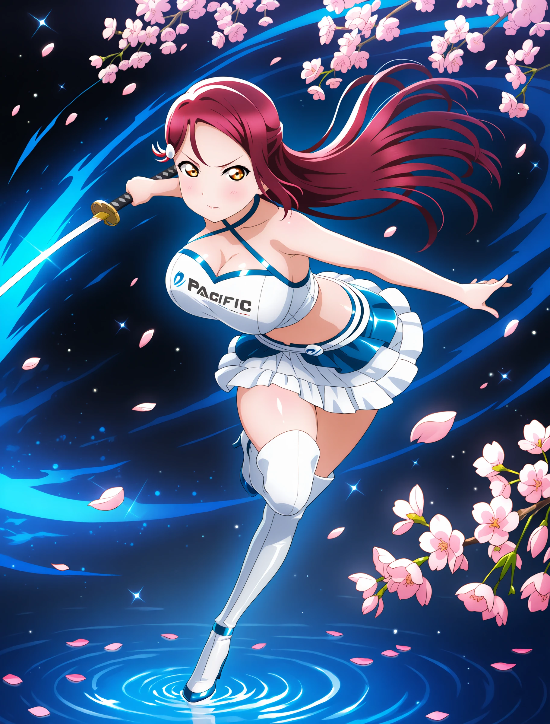 <lora:Koto-Umi-Riko-Shizu-Setsu-LLAS-IllustriousXLV01-V1:0.5> <lora:Koto-Umi-Riko-Shizu-Setsu-LLAS-NoobAIXLV11-V1:0.5> <lora:sdxl-boldline:-0.8> <lora:il_saturation_slider_d1:-0.3>
<lora:PRT2014-Race-Queen-IllustriousXLV01-V3:1>
(llas:1.4), (masterpiece, very aesthetic, absurdres, very awa:1.2), best quality, highres, newest, perfect anatomy, perfect lighting, anime coloring, anime screenshot BREAK
(sparkle, light particles:0.8), depth of field BREAK
1girl, solo, looking at viewer, full body BREAK
sakurauchi riko, long hair BREAK
big pupils, (detailed eyes:1.2), (huge breasts), curvy, lips, serious, v-shaped eyebrows, closed mouth BREAK
PRT2014RQ, halterneck crop top, belt skirt, thigh boots, strappy heels, shiny skin, shiny clothes BREAK
holding sword, katana, (slashing, blue aura:1.2), swinging, (cherry blossoms, falling petals:1.2), petals on liquid, reflective water, black background
