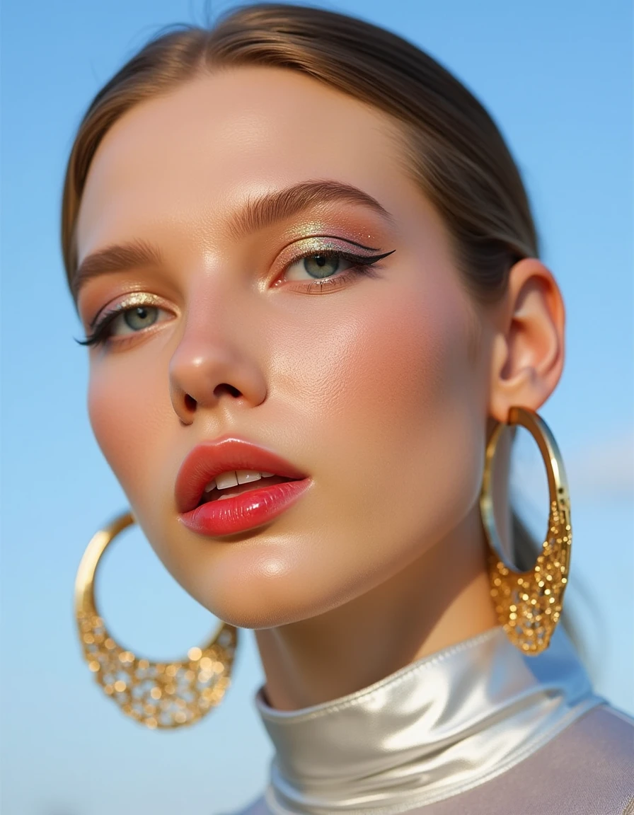 A hyper-detailed, avant-garde photograph featuring a striking woman with pale light skin against a clear, light blue sky. Her full-face close-up highlights the smooth texture of her flawless complexion. Shimmering metallic eyeshadow enhances the depth of her piercing gaze, while her glossy, deep red lips create a bold contrast to her skin. Large, intricately detailed golden hoop earrings reflect light, contributing to her modern allure. She wears metallic urban Buddhist monk clothing, with a turtle neck that enhances her avant-garde look. The reflective surfaces of her earrings and outfit create a dynamic interplay with the environment, emphasizing her sleek presence. The minimalist background allows the viewer to focus on her eye-catching fashion and makeup. Captured with a Sony A7R IV camera and a 50mm f/1.2 G Master lens for a beauty editorial shoot, this composition highlights her fashion-forward aesthetic. Inspired by avant-garde fashion photography from Sølve Sundsbø, this image blends contemporary fashion and minimalist elegance, embodying mythp0rt and niji_flux styles for a sleek, high-fashion vision. ((glow_skin, iridescent skin, oily skin, portrait)).