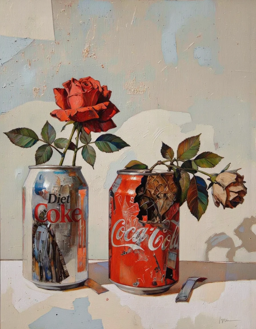 By Donna Young. By Donna Young. A front-facing oil painting of two Coca-Cola cans placed side by side, each containing a rose. Cans are placed on a plain white surface. On the left side of the image, a fresh red rose is placed in a silver can of Diet Coke, with the text "diet coke." To the right of the image, a red can of Coca-Cola stamped and crushed with a withered and faded rose, creating a contrast between the two. the background is a plain, light-colored wall, providing a simple, minimalist backdrop for both objects.