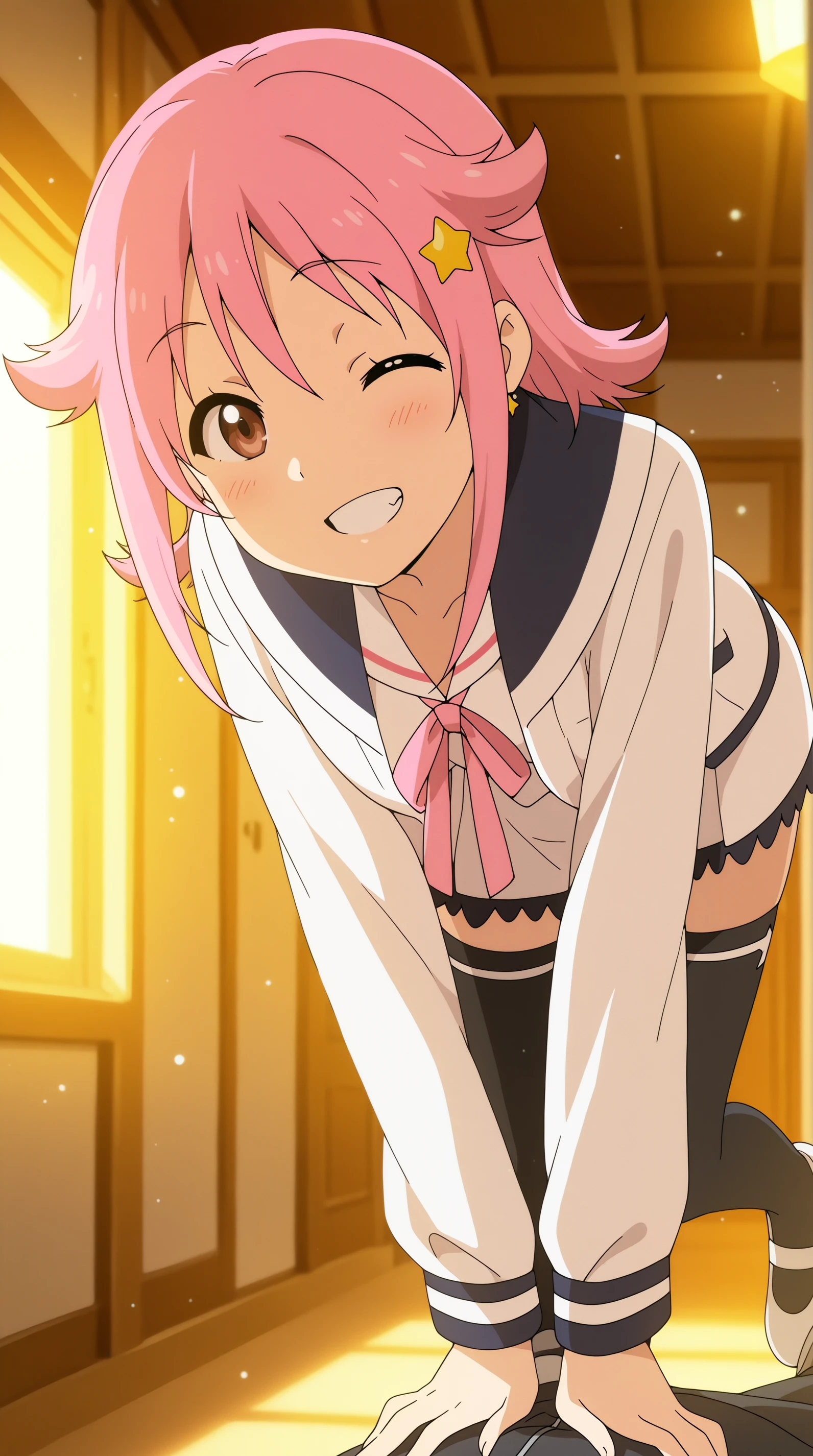 masterpiece, best quality, indoors, cinematic lighting, amazing quality, very aesthetic, absurdres, best quality, 4k, upscale, Subaru Pleiades, Main Outfit, blush, open mouth, one eye closed, bent over, solo focus, full body, grin, <lora:JN_Subaru_Pleiades_Illus:0.8>