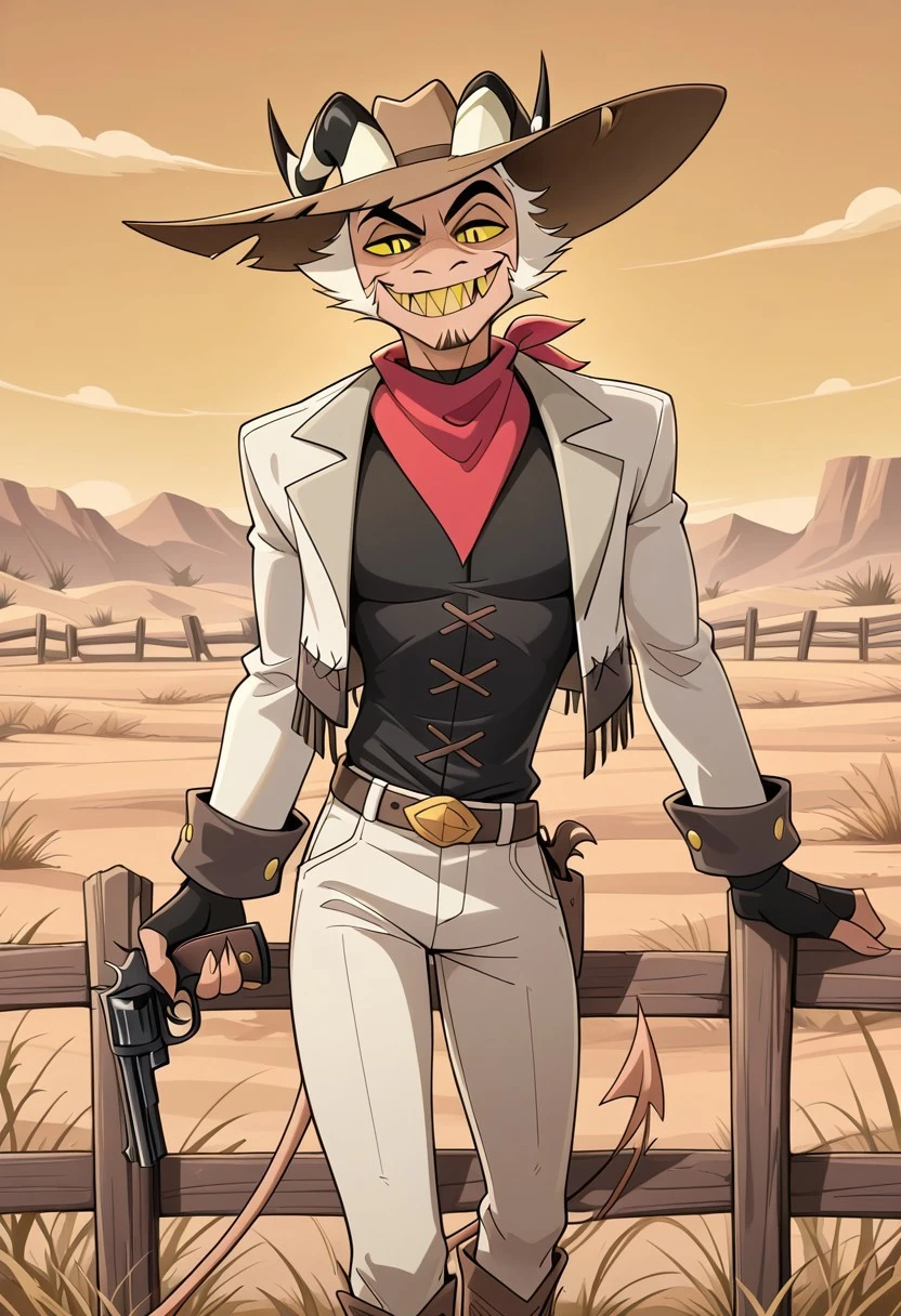 masterpiece, high quality, detailed, male, solo male, StrikerHB, 1boy, mature male, devil, light skin, black eyes, yellow sclera, colored sclera, horns, demon, broad shoulders, athletic build, white hair, mustache, facial hair, standing, half body, outdoors, looking at viewer, grinning, cowboy, cowboy hat, white jacket, red neckerchief, black shirt, white pants, ranch, desert, fence, black fingerless gloves, western, leaning against fence, pistol in one hand, gold tooth