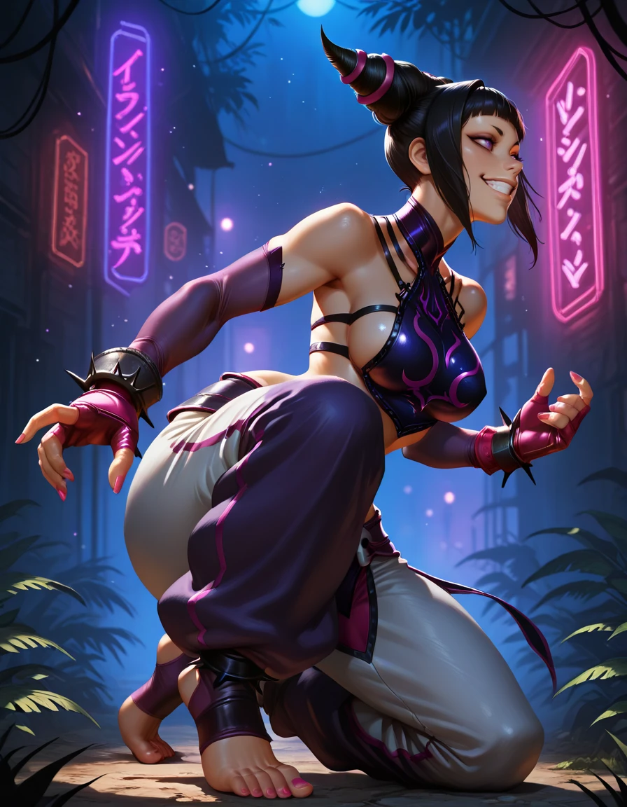masterpiece, best quality, 1girl, solo, absurdres,
juridgog,
large breasts,
dpurple eyes, black hair, bangs, hair horns,
detached sleeves, fingerless gloves, pink nails, toeless legwear, baggy pants, bracelet, halterneck,
from side ,
jungle,
light particles, neon lights, night, grin,
fighting stance, battle,
blurry background,
embedding:SmoothQuality,