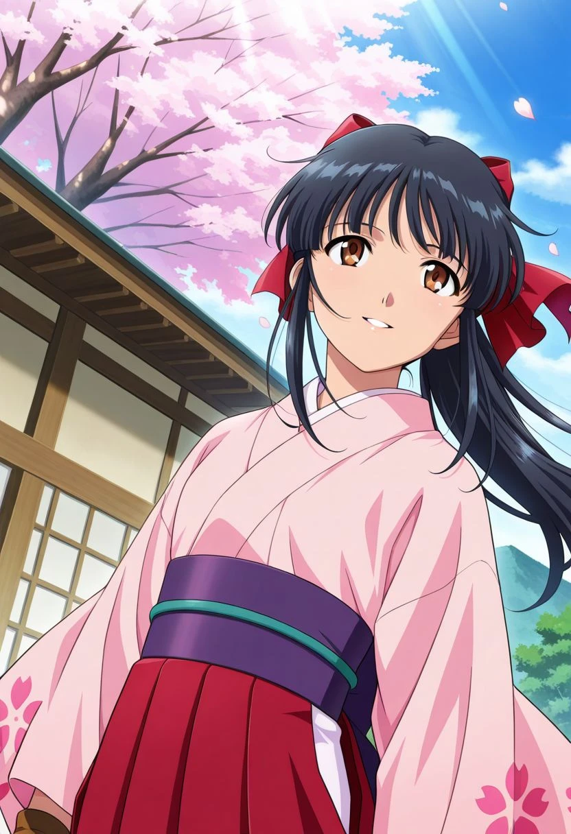 detailed eyes, beautiful, detailed background, perfect eyes,
source_anime, very aesthetic, anime coloring, masterpiece, official art,
<lora:HandFineTuning_XL:1>
BREAK,
sakura tree, japanese village, sakura petals, windy, floating hair,
cowboy shot, dynamic angle,
looking up, hand on hair, light smile, parted lips,
BREAK,
<lora:shinguji_illustrious_v01:0.9>
sakuraBase, black hair, hair ribbon, red ribbon, brown hair, ponytail, red bow, sidelocks, bangs,
meiji schoolgirl uniform, japanese clothes, red hakama, floral print sleeves, floral print kimono, purple sash, fingerless gloves, green obijime,