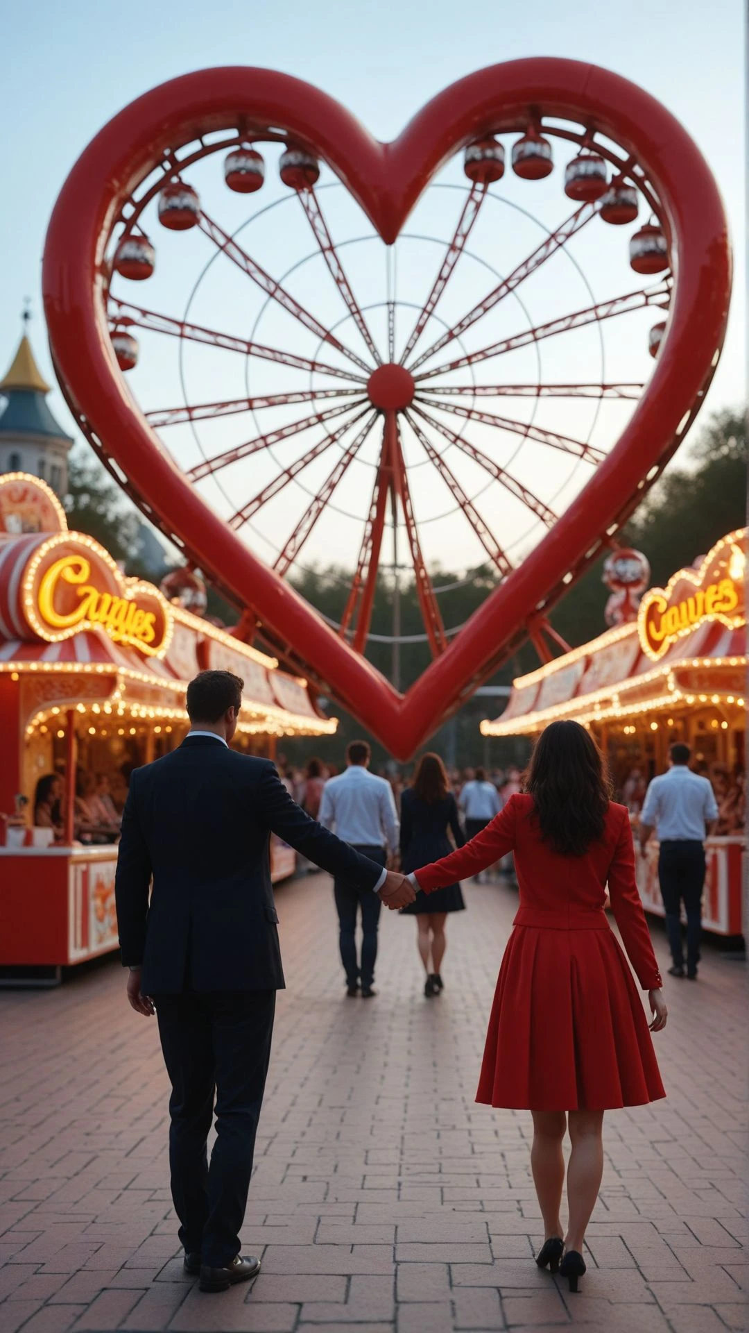 A playful amusement park scene where two roller coasters twist in opposite directions before meeting in the air to form a heart shape. A couple laughs in excitement as they hold hands mid-air.
, aidmaLOVEboost <lora:aidmaLOVEboost_IL:0.8>,