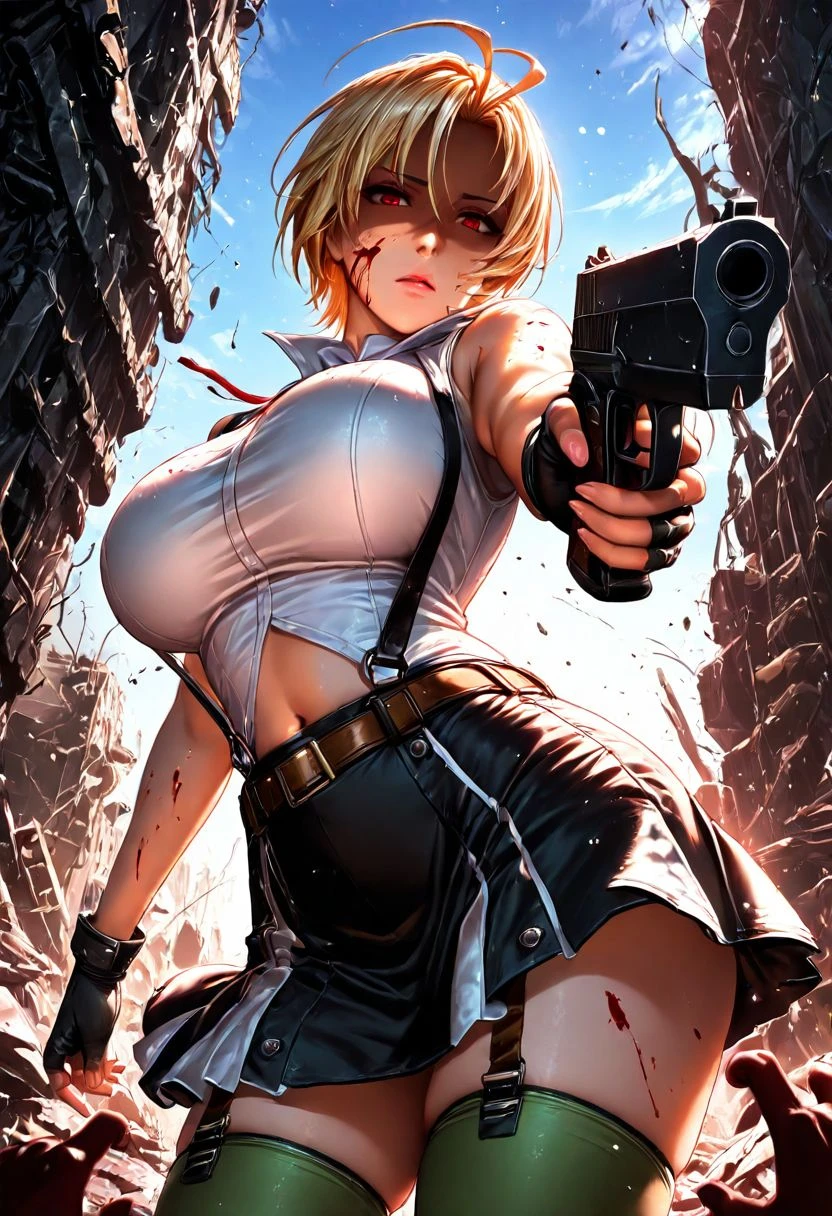 Smooth Quality, 1girl, mature, white jacket, sleeveless jacket, white shirt, brown fingerless gloves, suspender, black skirt, navel cutout, belt, white backskirt, green thighhighs, large breasts, blonde hair, antenna hair, short hair, red eyes, shaded face, blood on face, sparkle, wind, handgun, holding handgun, aiming at viewer, from below, pov hands, ruins, outdoors, sky, blue sky, cowboy shot, dynamic angle, <lora:SmoothMix_Illustrious_v2:1> <lora:Smooth_Booster:0.5> <lora:Smooth_Lighting_Enhancer:0.5>