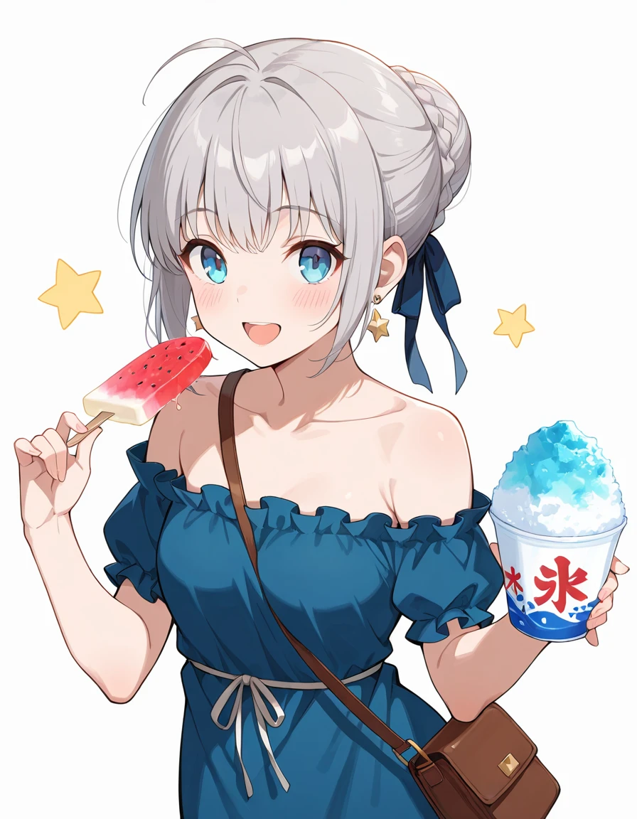 Volumetric Lighting, (masterpiece), (best quality), (ultra-detailed), masterpiece, source_anime, score_9, score_8_up, score_7_up BREAK, illustration, disheveled hair, detailed eyes, perfect composition, moist skin, intricate details BREAK, light depth, detailed face BREAK, Gray, grey hair, 1girl, solo, looking at viewer, blush, smile, short hair, open mouth, blue eyes, simple background, white background, dress, ribbon, holding, bare shoulders, jewelry, collarbone, hair ribbon, braid, ahoge, short sleeves, earrings, food, off shoulder, bag, star (symbol), fruit, blue dress, holding food, handbag, shoulder bag, ice cream, off-shoulder dress, shaved ice, single hair bun