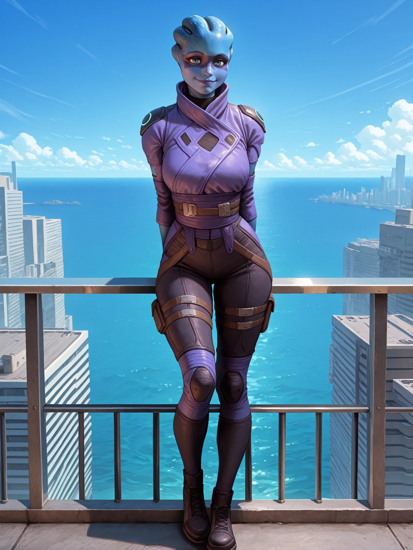 masterpiece, best quality, amazing quality, very aesthetic, absurdres, newest,
<lora:ILMEAPeebee:1.0>
MEAPeebee, 1girl, blue skin, blue eyes, face paint, alien, looking at viewer, happy, blue sky, city, smile, closed mouth, arms behind back, full body, blue sky, railing, ocean