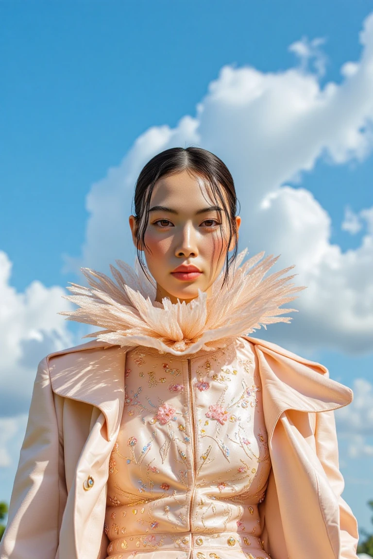 The image is a high-fashion photograph featuring a young woman standing against a backdrop of a clear blue sky with a few fluffy white clouds. She is adorned in an extravagant, avant-garde outfit. The woman has a striking, symmetrical face with delicate features and a neutral makeup look, enhancing her natural beauty. Her hair is styled in a simple, loose manner, with a few strands framing her face.