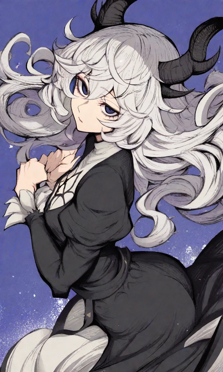 (masterpiece, perfectly detailed, detailed face, detailed eyes, beautiful eyes), (Masterpiece, Best Quality, Hires:1.4), Detailed, Intricate Details, 4K, 1girl, solo, from behind, black dress, puffy sleeves, juliet sleeves, short white hair, curly hair, messy hair, floating hair, horns, dragon horns, black horns, jewelry,INKTA_ST