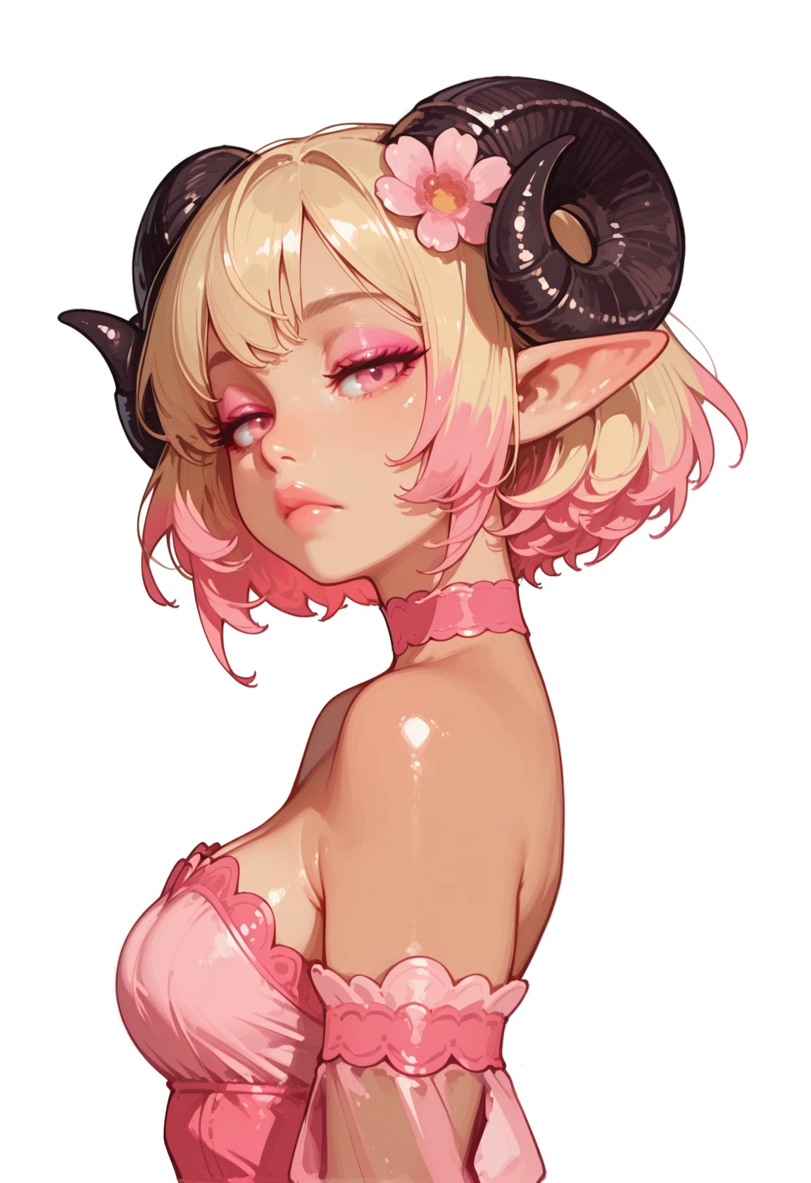masterwork, masterpiece, best quality, solo, blonde hair, short hair, (lineless:1.5) colored tips, two-tone hair, pink hair,
1girl, horns, solo,, pointy ears, looking at viewer, bare shoulders, , upper body, sheep horns, lips, pink eyes, dress, pink choker, curled horns, , breasts, hair ornament, detached sleeves, closed mouth, pink dress, nose, from side, sheep girl, , , eyelashes, medium breasts, see-through, looking to the side, hair flower, strapless dress, demon girl, black them, white background, elf, , half-closed eyes, pink eyeshadow, tan <lora:B-mixxxlora:1.5>