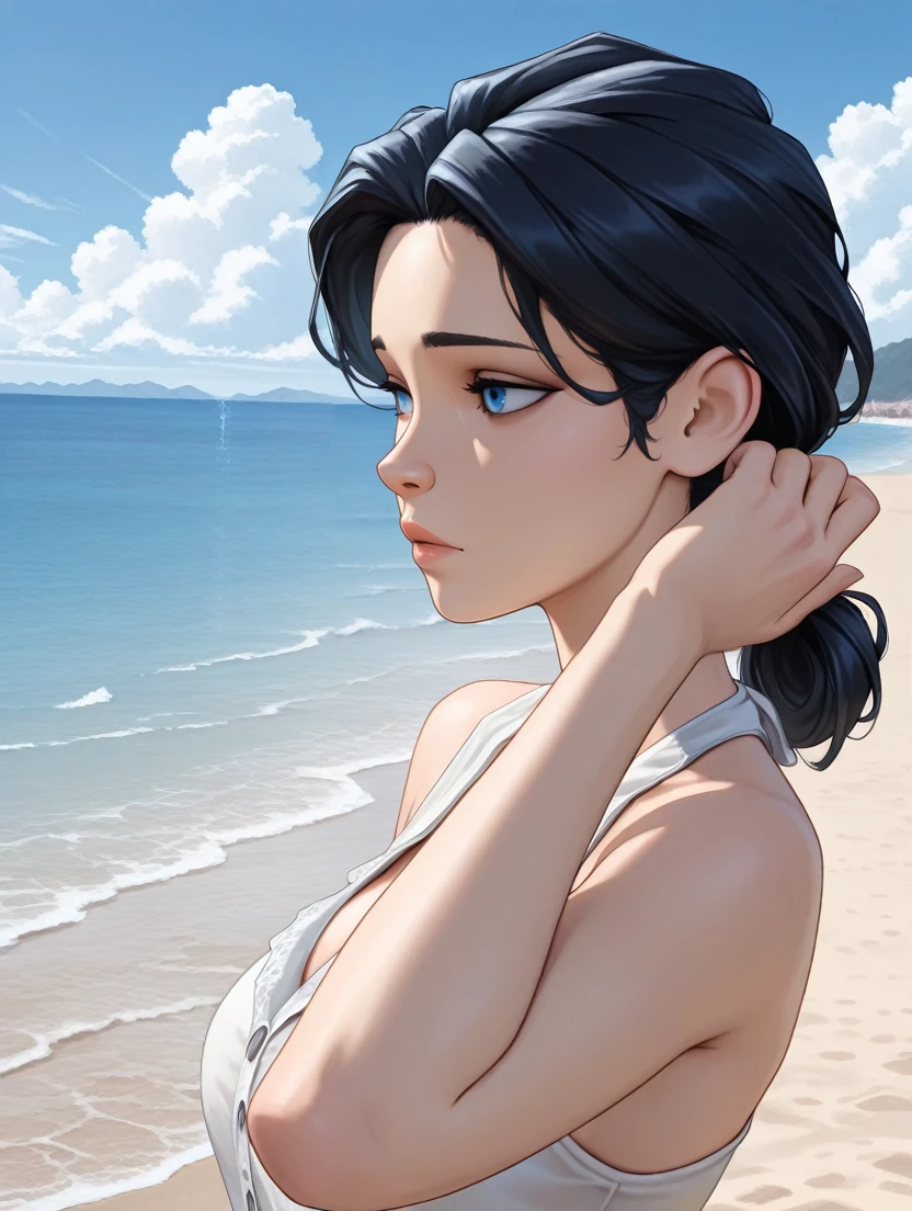 masterpiece, best quality, amazing quality, very aesthetic, absurdres, newest,
<lora:ILWolfSnow:0.8>
WolfSnow, 1girl, black hair, blue eyes, looking at viewer, adjusting hair, upper body, sea, blue sky, white cloud, beach