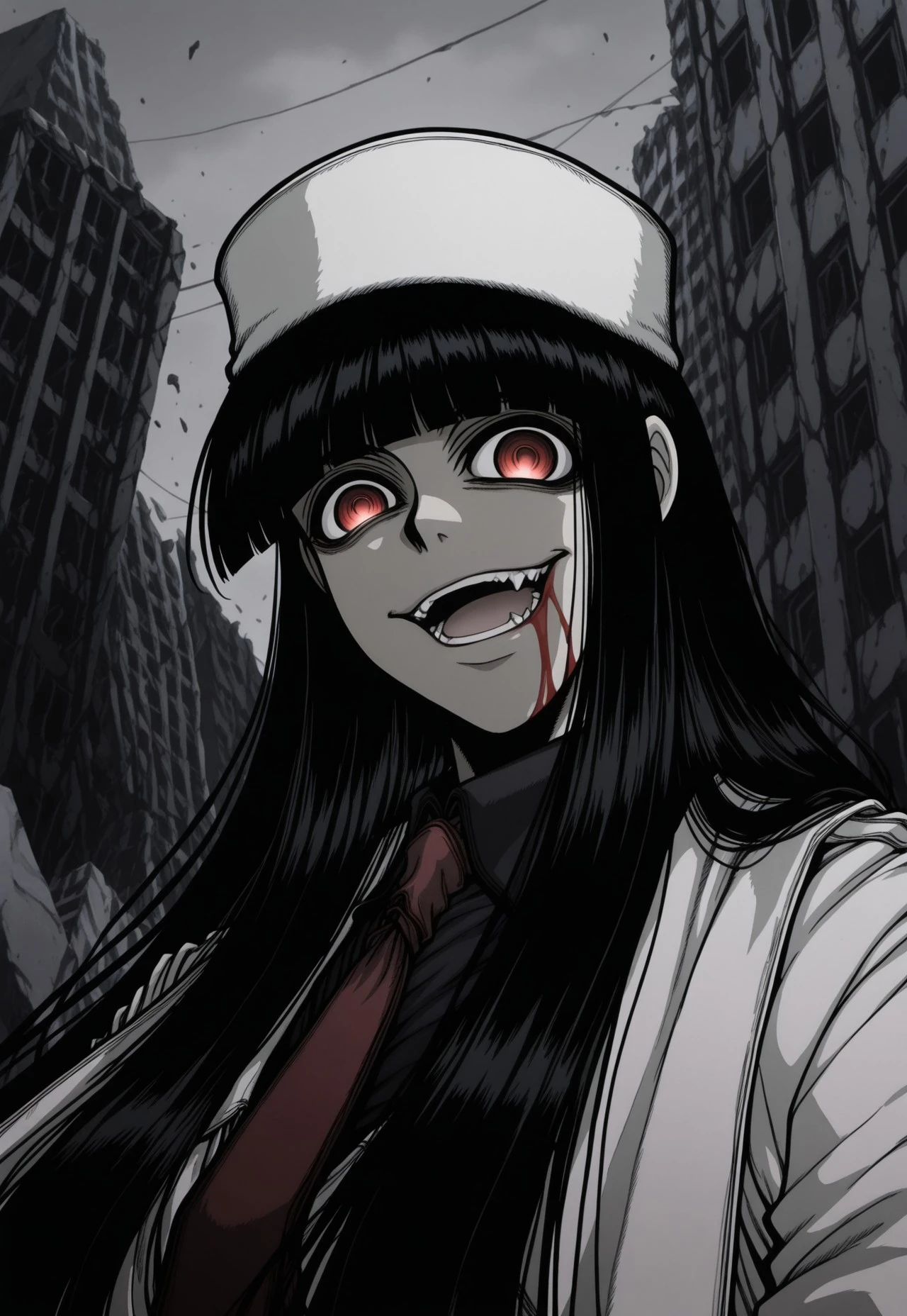 safe_pos, score_9, score_8_up, score_7_up, masterpiece, best quality, ((red blood)), Girlycard, solo, 1girl, female focus, black hair, long hair, hime cut, blunt bangs, (((red eyes))), fur hat, white jacket, black shirt, red necktie, white coat, white scarf, white gloves, perspective, evil smile,evil grin, open mouth, fangs, crazy eyes, greyscale, monochrome, blood on face, blood on mouth, ruins, portrait, close-up,