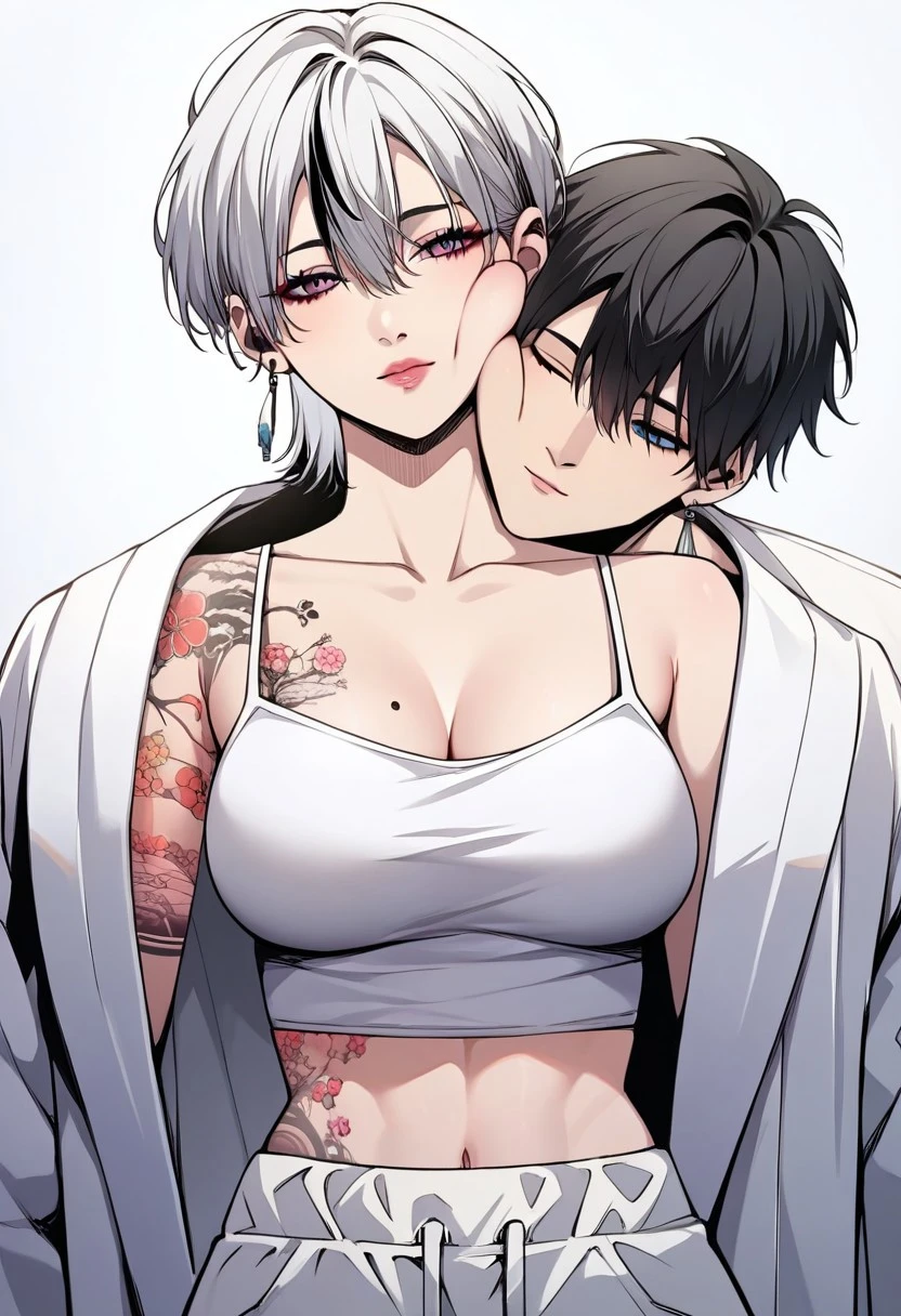 ((Masterpiece, Highest Quality, Ultra Detailed, High Resolution, Absurd: 1.2)
Score_9, Score_8_up, Score_7_up, source_anime. masterpiece,highres,absurdres. Best resolution. Good anatomy.
mature female, kaneshiro,,white hair, black hair, short hair, [[[tattoo]]], earrings, breast tattoo, waist tattoo,
white camisole, midriff, white jacket, open clothes,
(1 female. 1 male. rubbing cheek to cheek.)