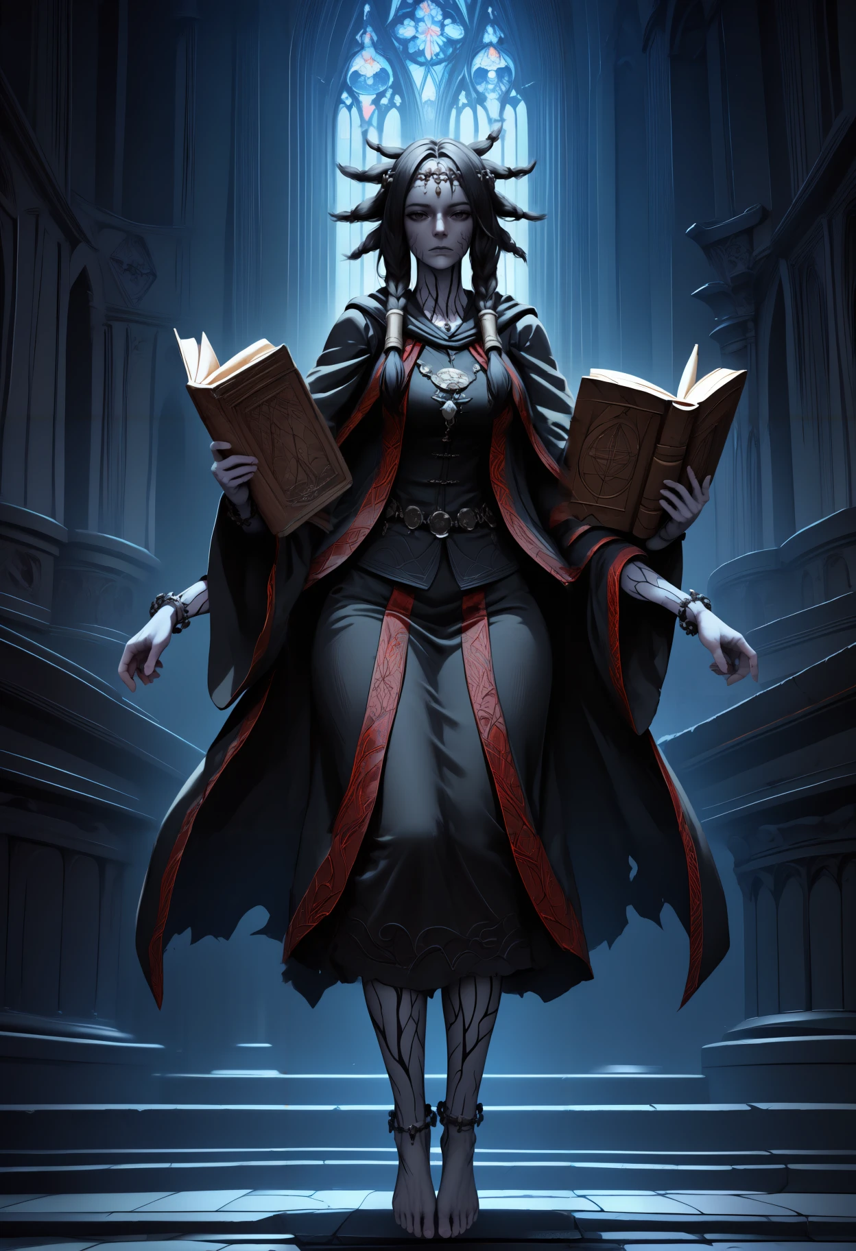 masterpiece, best quality, newest, hdr, dark, night, indoors, church, altar, closed mouth, 1girl, solo, looking at viewer, floating, expressionless, cowboy shot,
fi0d1, circlet, necklace, black robe, red trim, wide sleeves, long sleeves, black cloak, bracelet, anklet, long hair, black hair, twin braids, spiked hair, hair tubes, black eyes, tattoo, facial tattoo, colored skin, grey skin, extra arms, barefoot, holding book, holding scroll
<lora:Fool's Idol:1>