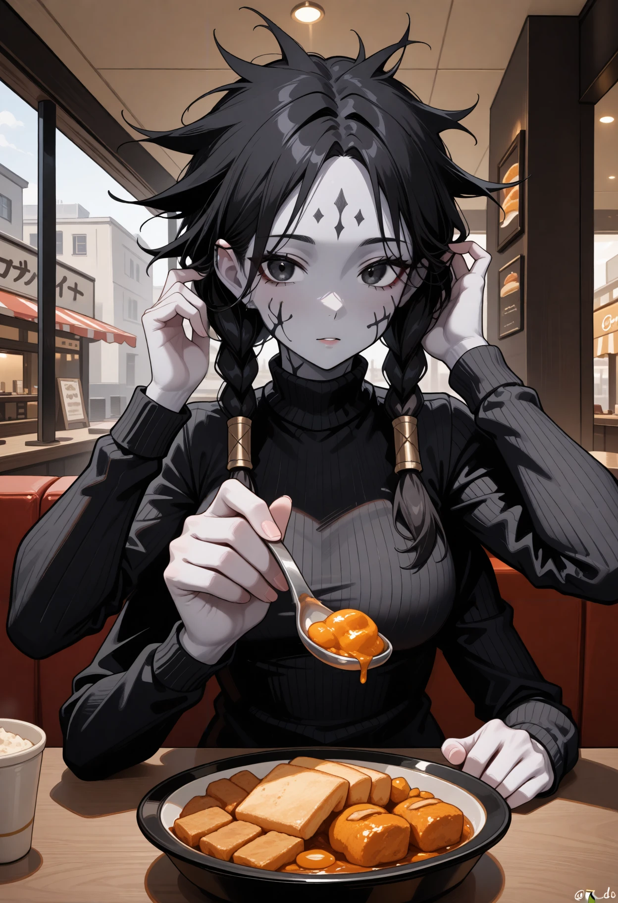 masterpiece, best quality, newest, hdr, 1girl, solo,
fi0d1, long hair, black hair, twin braids, spiked hair, hair tubes, black eyes, tattoo, facial tattoo, colored skin, grey skin, extra arms, black turtleneck sweater, long sleeves,
sitting, pov across table, restaurant, food, indoors, incoming food, holding spoon, hand on own ear, hair tucking, hair behind ear, hand up, adjusting hair
<lora:Fool's Idol:1>