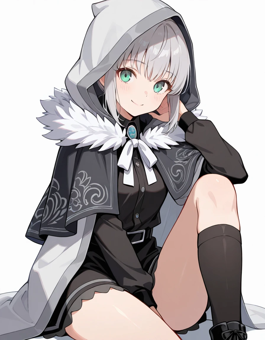 Volumetric Lighting, (masterpiece), (best quality), (ultra-detailed), masterpiece, source_anime, score_9, score_8_up, score_7_up BREAK, illustration, disheveled hair, detailed eyes, perfect composition, moist skin, intricate details BREAK, light depth, detailed face BREAK, Gray, grey hair, green eyes, short hair, sidelocks BREAK, Grayalt, alt_hooded_cloak, alt_fur_trim_capelet, alt_boots, alt_socks, alt_shirt, alt_neck_ribbon,hood up BREAKK, ((white background)), looking at viewer,sitting, knee up, smile,shadow