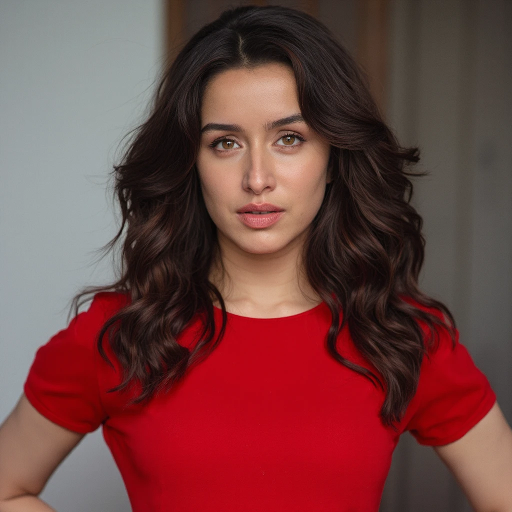 shraddha_kapoor , Shraddha Kapoor - Bollywood Actress wearing red tshirt, looking at the camera, portrait photography, The image is detailed and shot using a Canon EOS R5 Mark II 45MP Full-Frame Mirrorless Camera with 85mm f 1.4 lens, RAW photo, highest quality, high detail RAW color photo, professional photo, high resolution image, inspiration from renowned photographers like brandon woelfel