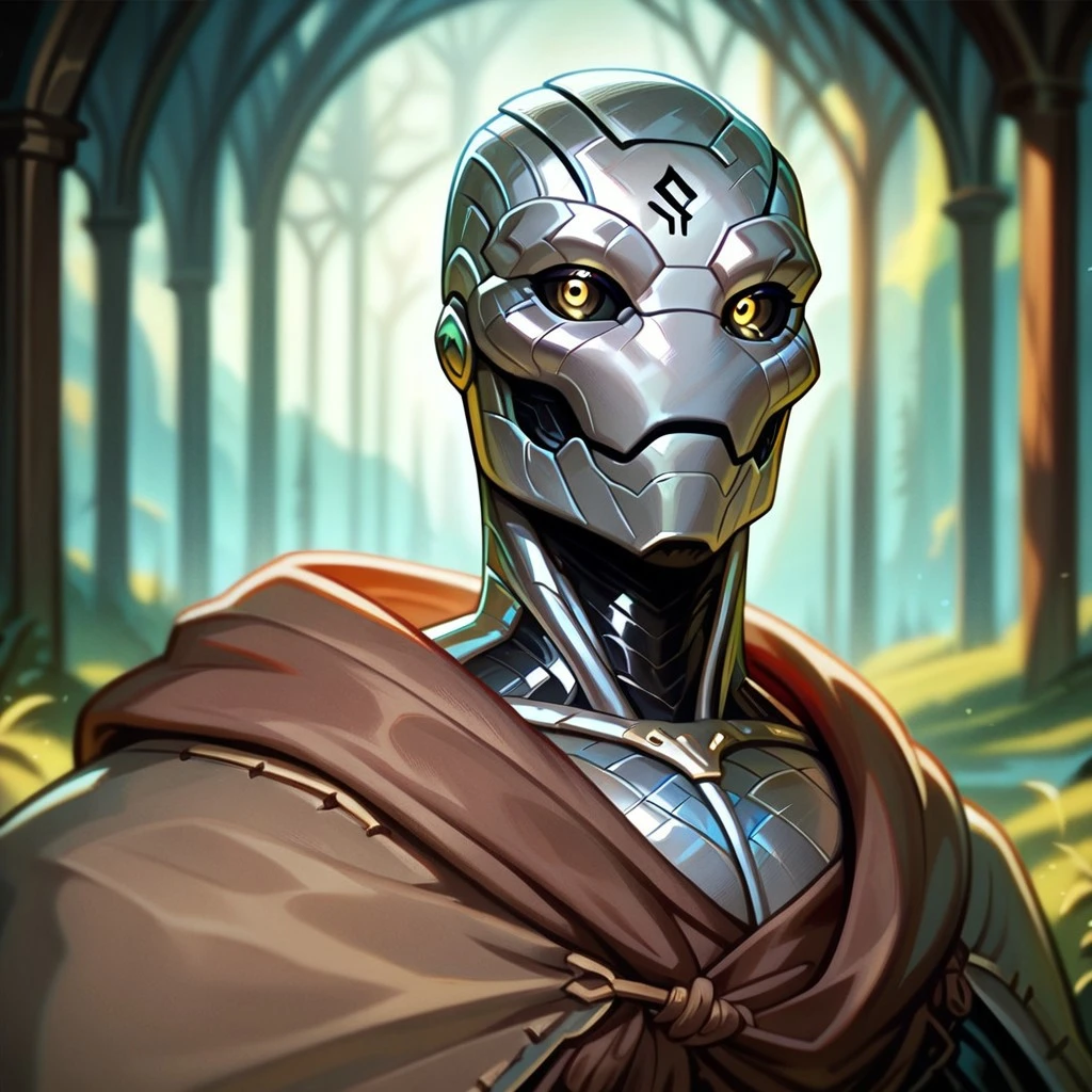 (((detailed, beautiful, high quality))), score_9, score_8_up, score_7_up, upper body, solo, 
warforged, robot monster, metal body, black sclera, rune on forehead, wooden hinges,
1 male, yellow eyes, gray skin, brown scarf,
looking at the viewer, posing, 
fantasy background, blurred background,