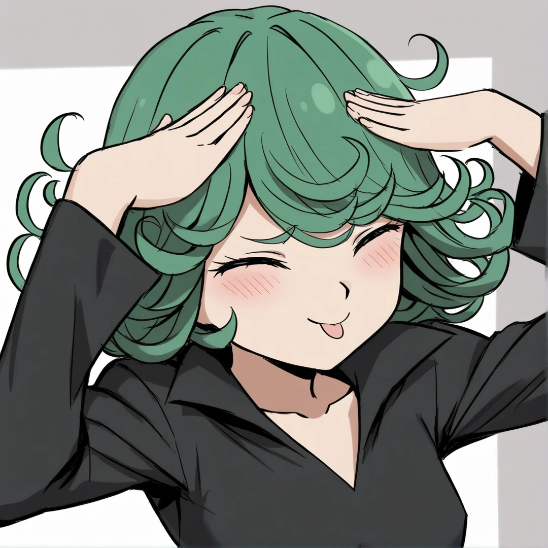 highres, hi res, best quality, masterpiece, 2d, intricate details, 4k, anime coloring, shadow, uncensored, shaded, shadow, countershading,
1girl, solo, female, curly hair, green hair, bangs, blush, flipped hair, short hair, tatsumaki,
upper body, closed eyes, hands on own head, ah eto... bleh \(meme\),
depth of field, white background, <lora:Ah_Eto_Bleh_ILXL:1>