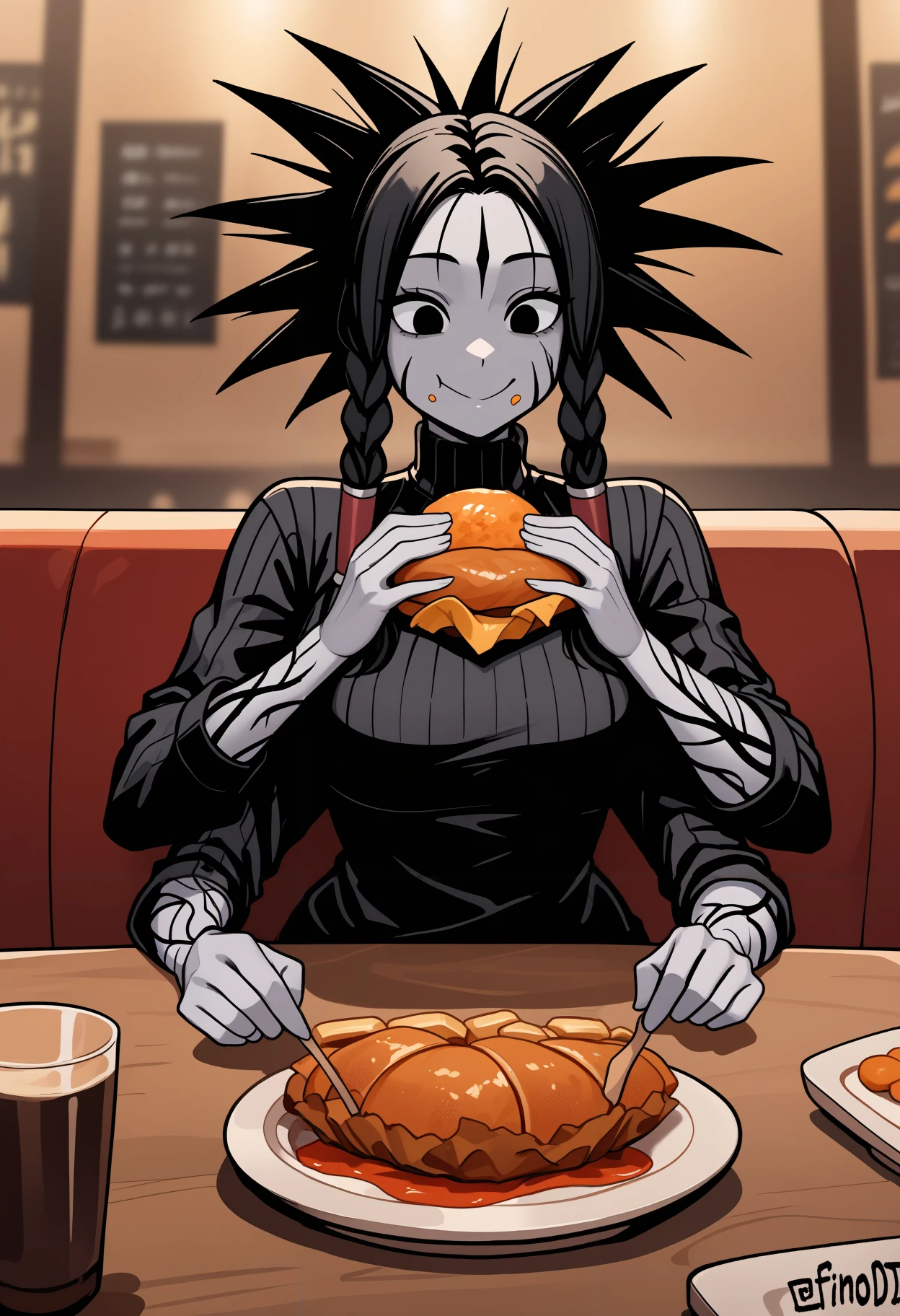 masterpiece, best quality, newest, hdr, 1girl, solo,
fi0d1, long hair, black hair, twin braids, spiked hair, hair tubes, black eyes, tattoo, facial tattoo, colored skin, grey skin, extra arms, black turtleneck sweater, long sleeves,
sitting, pov across table, restaurant, food, indoors, eating, food on face, holding food, happy, smile,
<lora:Fool's Idol:1>