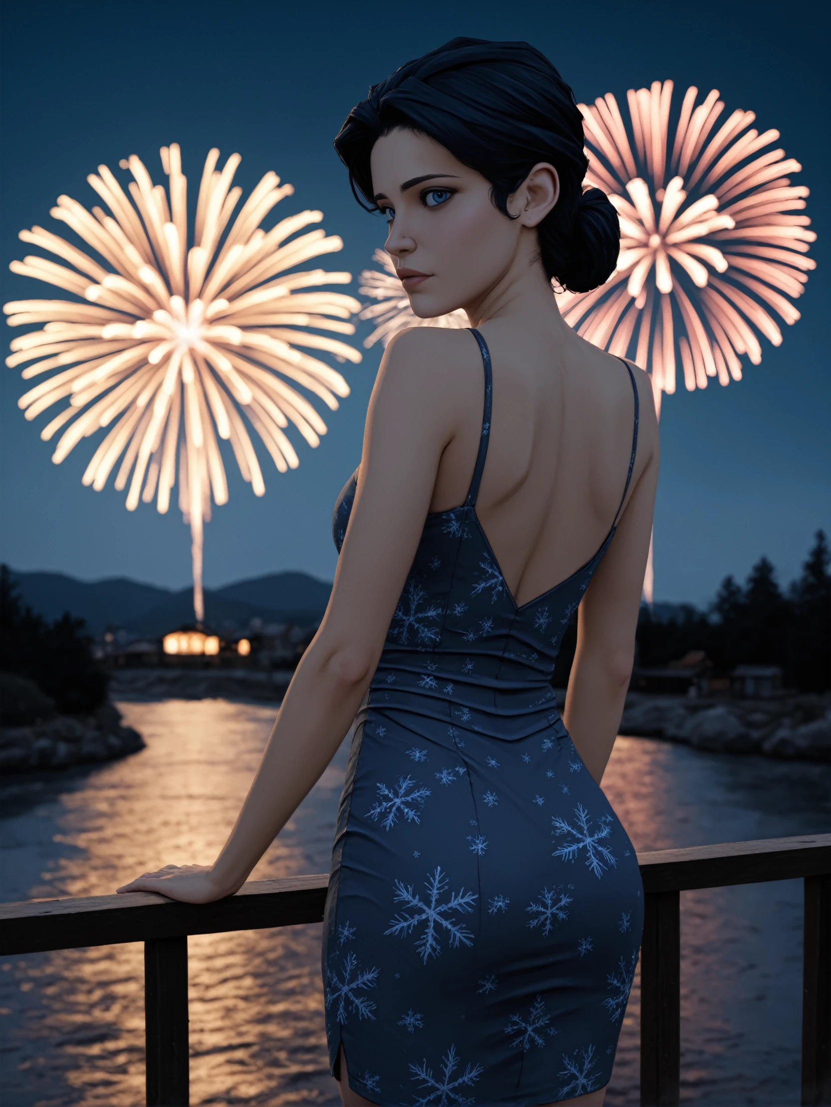 masterpiece, best quality, amazing quality, very aesthetic, absurdres, newest,
<lora:ILWolfSnow:1.0>
WolfSnow, 1girl, black hair, blue eyes, looking at viewer, from behind, cowboy shot, dress, looking back, fireworks, at night